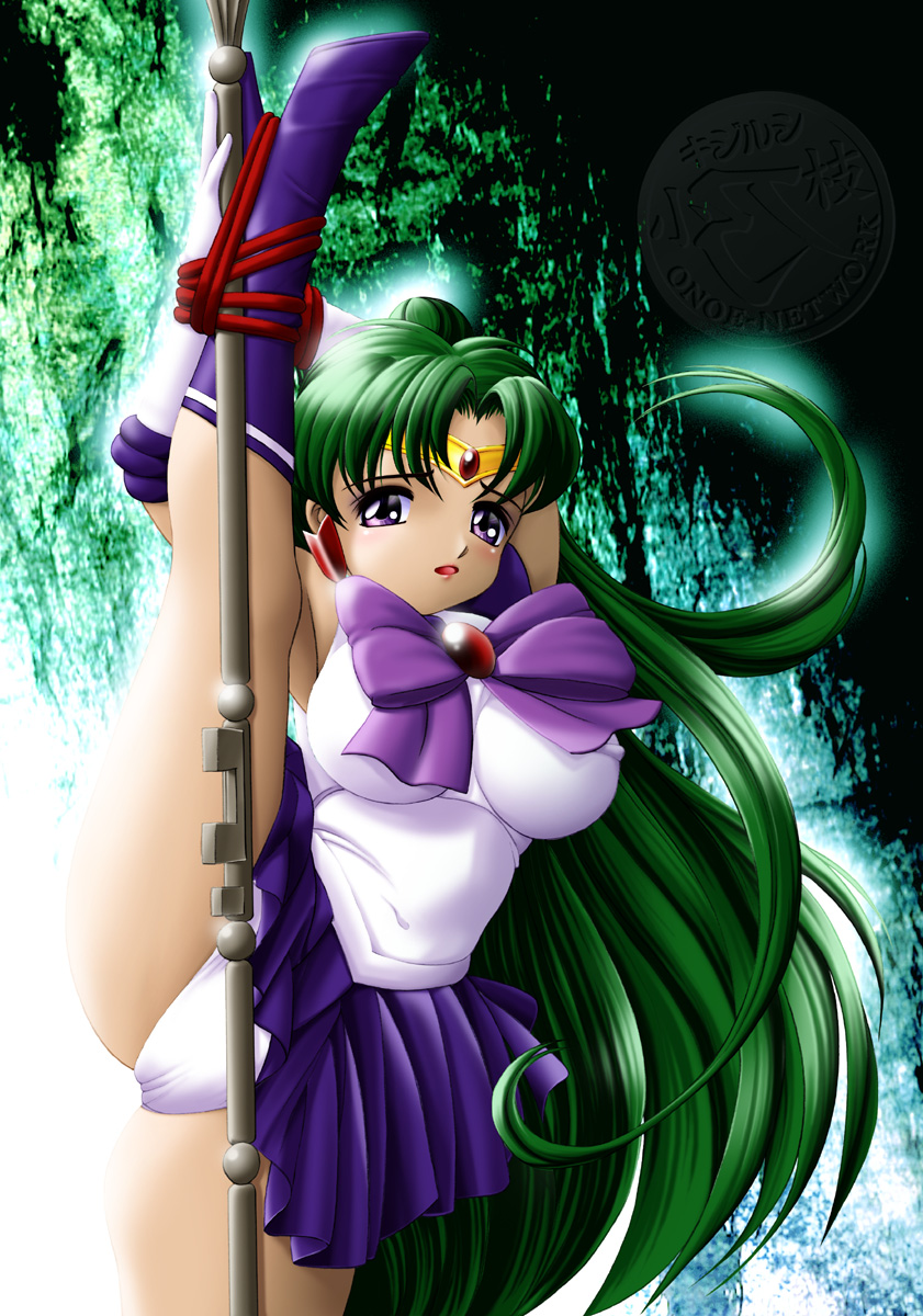 onoe, meiou setsuna, sailor pluto, bishoujo senshi sailor moon, highres, 1990s (style), 1girl, bdsm, boots, cameltoe, earrings, female focus, green hair, jewelry, leg lift, panties, purple eyes, retro artstyle, rope, solo, staff, tiara, underwear