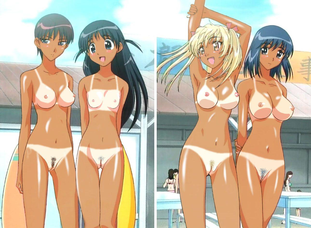 chinkora, school rumble, 6+girls, black hair, blonde hair, blush, breasts, female focus, long hair, medium breasts, multiple girls, nipples, nude, outdoors, pool, pubic hair, pussy, sky, small breasts, tan, tanline, uncensored