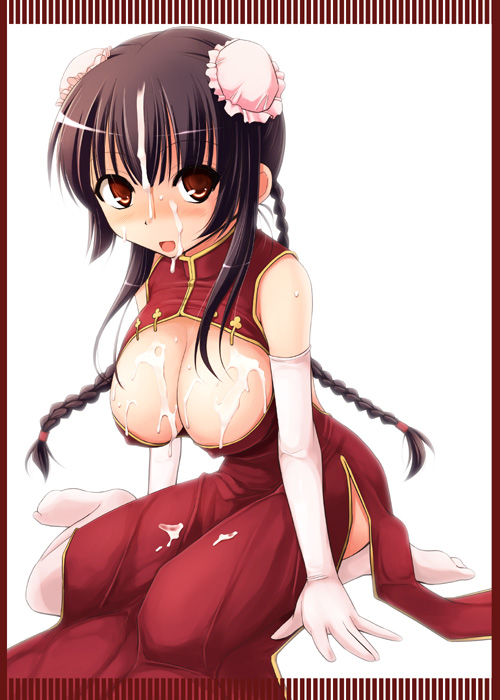 kurikara, wang liu mei, gundam, gundam 00, 00s, 1girl, braid, breasts, bun cover, china dress, chinese clothes, cum, dress, elbow gloves, female focus, gloves, solo, twin braids