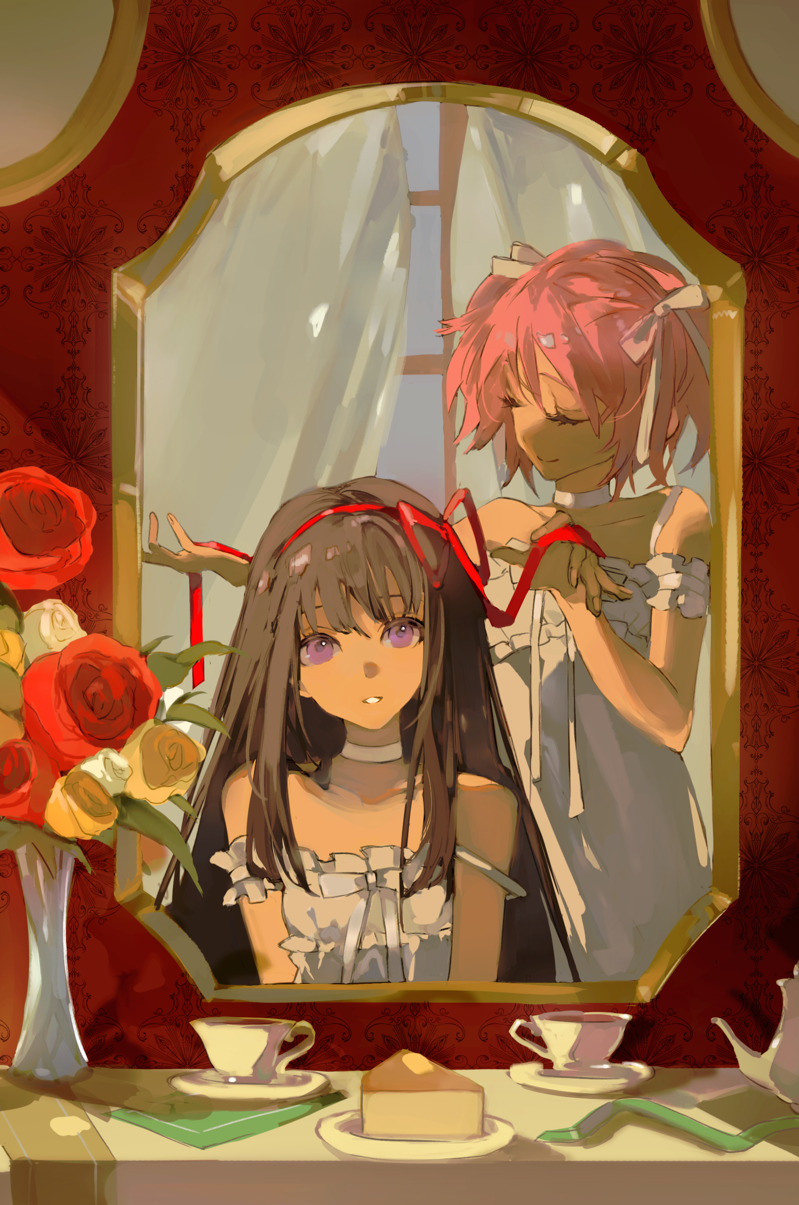 shru (ss sl99), akemi homura, kaname madoka, mahou shoujo madoka magica, mahou shoujo madoka magica (anime), absurdres, highres, 2girls, adjusting another's hair, alternate costume, bare shoulders, black hair, blue sky, bow, cake, cake slice, cheesecake, choker, closed eyes, closed mouth, collarbone, cowboy shot, cup, curtains, day, dress, expressionless, eyelashes, flower, food, frilled armlet, frilled dress, frills, hair bow, hair ribbon, hairband, happy, holding, holding ribbon, indoors, long hair, looking at viewer, mirror, multiple girls, parted lips, pink hair, plate, purple eyes, red flower, red hairband, red ribbon, red rose, reflection, reflection focus, ribbon, rose, saucer, short hair, short twintails, sidelocks, sitting, sky, sleeveless, sleeveless dress, smile, standing, straight hair, strap slip, sundress, teacup, teapot, teeth, twintails, upper body, vase, very long hair, white bow, white choker, white dress, white flower, white rose, window, yellow flower, yellow rose