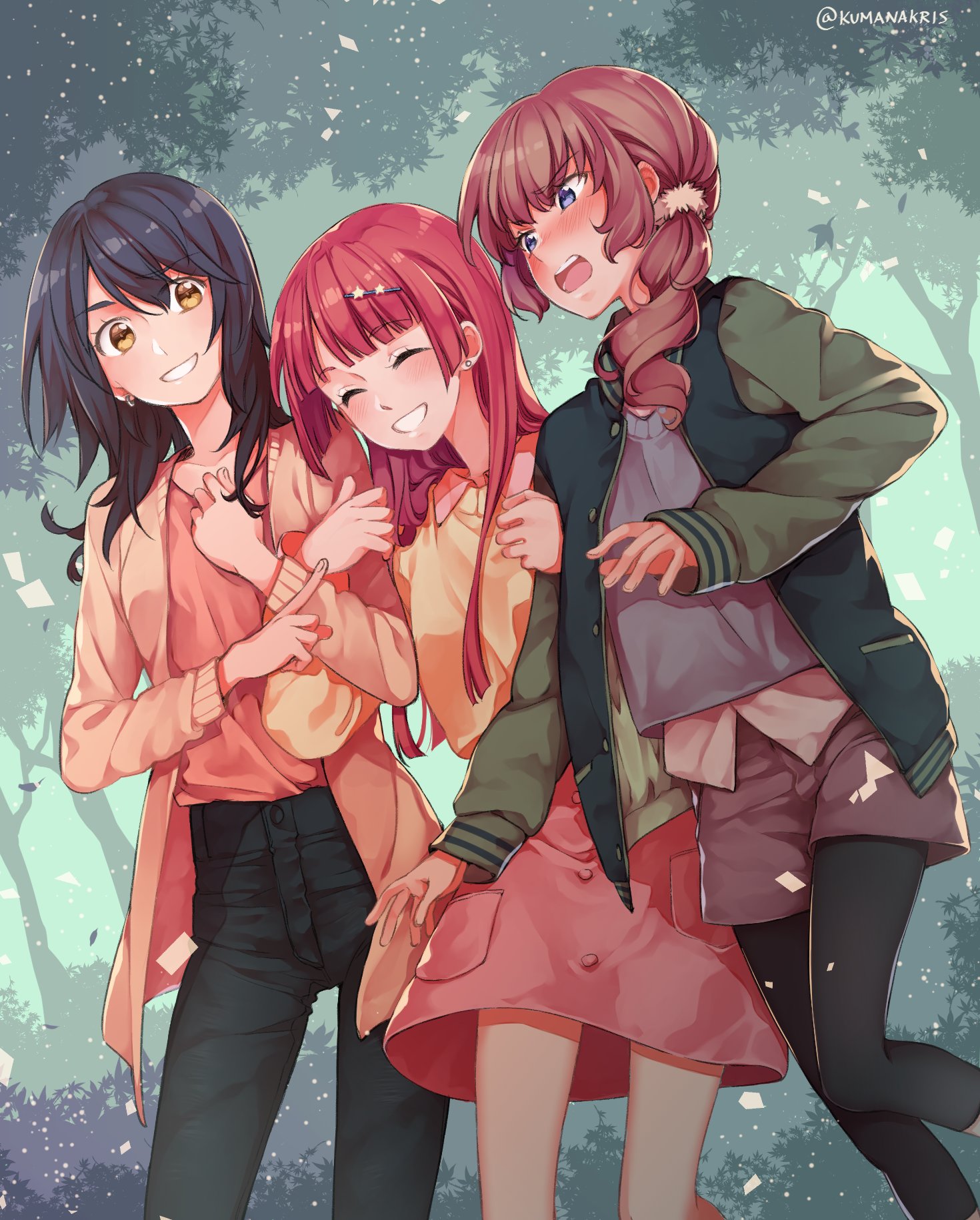 ana c. sanchez, june lee, noel (alter ego), alter ego (manga), character request, commentary, english commentary, highres, 3girls, :d, ^ ^, artist name, black hair, black pants, black pantyhose, blue eyes, blush, brown hair, brown shorts, closed eyes, cowboy shot, earrings, grin, hair ornament, hairclip, jacket, jewelry, letterman jacket, low side ponytail, multiple girls, open mouth, outdoors, pants, pantyhose, pink skirt, red hair, shorts, skirt, smile, sweater, teeth, tree, twitter username, upper teeth only, yellow eyes, yellow sweater