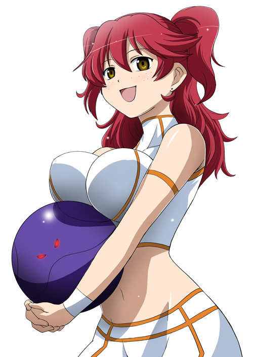 steed (steed enterprise), bad haro, haro, nena trinity, gundam, gundam 00, 00s, 1girl, bike shorts, blush, crop top, female focus, freckles, open mouth, red hair, solo, two side up, yellow eyes