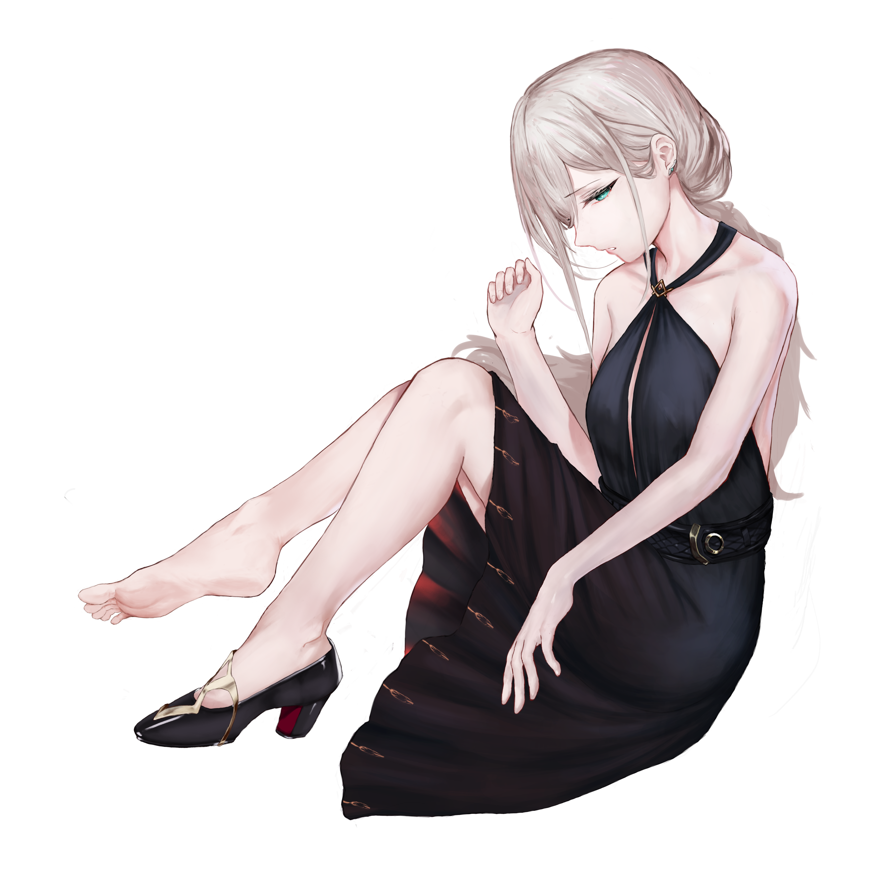 xuanren69, an-94 (girls' frontline), an-94 (silent rouge) (girls' frontline), girls' frontline, absurdres, chinese commentary, commentary, highres, 1girl, aqua eyes, arm up, bare shoulders, barefoot, belt, black belt, black dress, black shoes, blonde hair, breasts, collarbone, dress, earclip, evening gown, full body, high heels, legs, long hair, looking at viewer, official alternate costume, open mouth, parted lips, ponytail, shoes, single shoe, sitting, small breasts, solo, white background