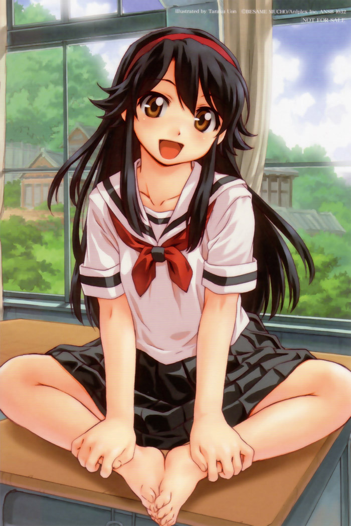 uon taraku, saegusa matsuri, kamichu!, barefoot, black hair, blush, brown eyes, feet, hairband, long hair, open mouth, school uniform