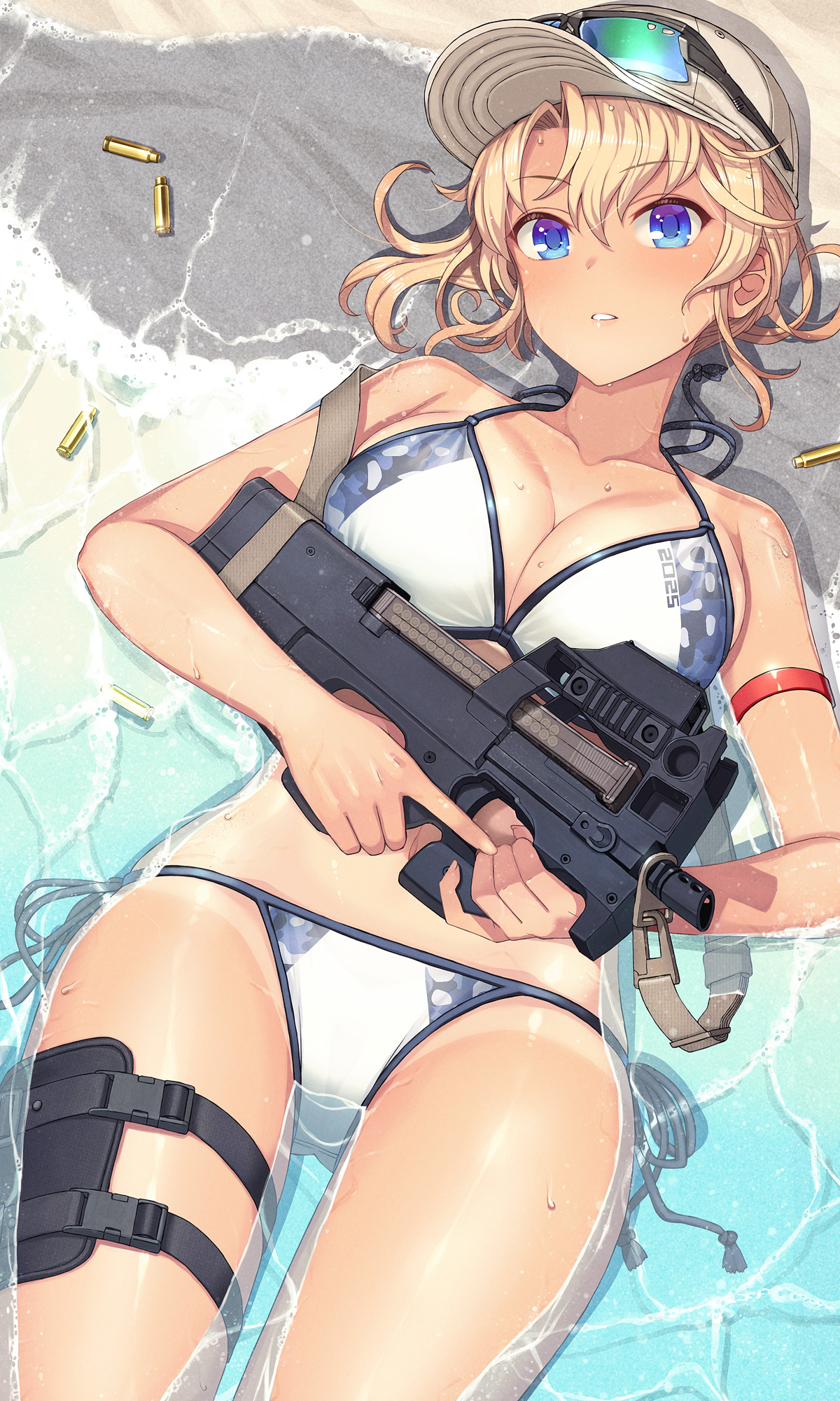itou (onsoku tassha), blonde girl (itou), original, commentary request, highres, 1girl, 2025, arm strap, baseball cap, beach, bikini, blonde hair, blue bikini, blue eyes, breasts, bullpup, cleavage, eyewear on headwear, gun, gun sling, hat, holding, holding gun, holding weapon, lying, multicolored bikini, on back, p90, parted lips, partially submerged, shell casing, side-tie bikini bottom, solo, submachine gun, sunglasses, swimsuit, tan, tanline, trigger discipline, two-tone bikini, weapon, wet, white bikini