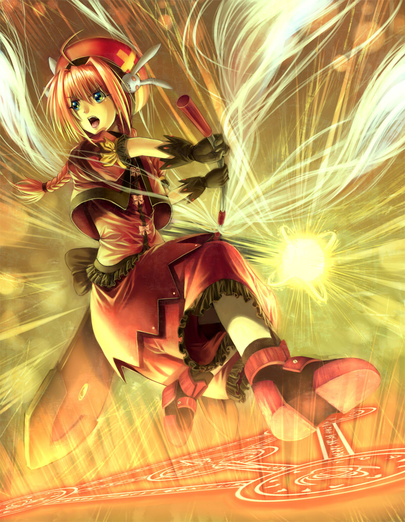 kitiroku, graf eisen, vita (nanoha), lyrical nanoha, mahou shoujo lyrical nanoha, mahou shoujo lyrical nanoha a's, 00s, 1girl, :d, beret, black gloves, blue eyes, braid, dress, elbow gloves, female focus, fire, full body, gloves, glowing, hair ornament, hat, long hair, magic, magic circle, open mouth, rabbit hair ornament, red dress, red hair, sidelocks, smile, solo, twin braids, very long hair