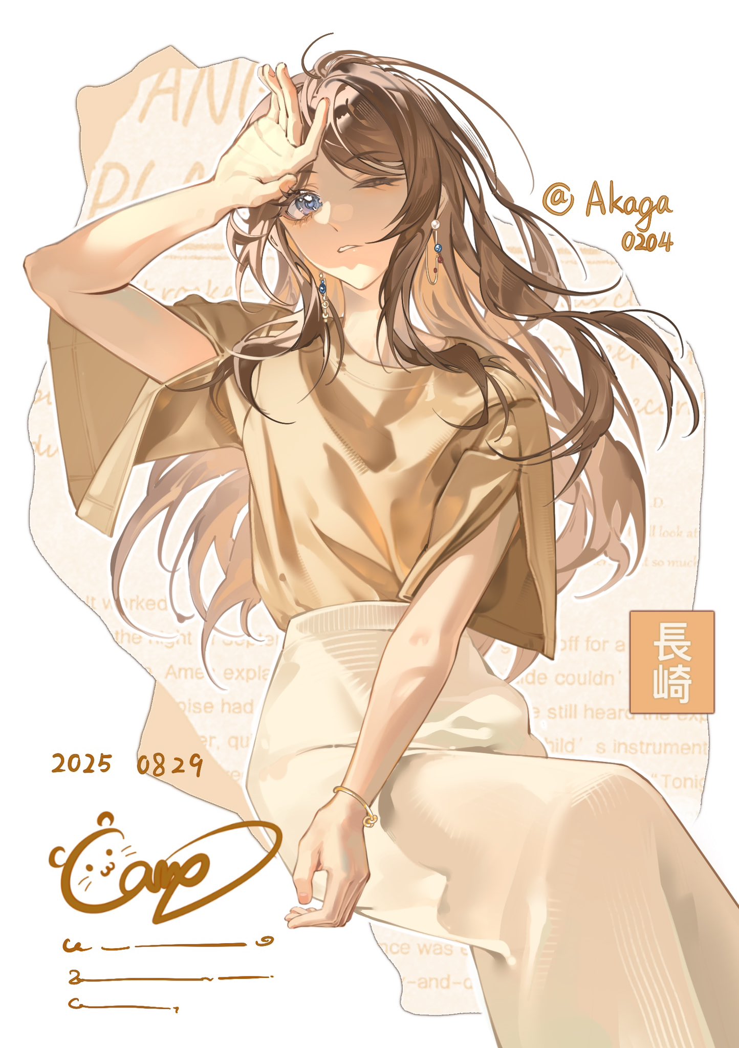 cang (akaga204), nagasaki soyo, bang dream!, bang dream! it's mygo!!!!!, chinese commentary, commentary request, highres, 1girl, blue eyes, bracelet, brown hair, brown shirt, dated, hand up, jewelry, long hair, one eye closed, open mouth, shading face, shirt, sidelocks, sitting, skirt, solo, white skirt