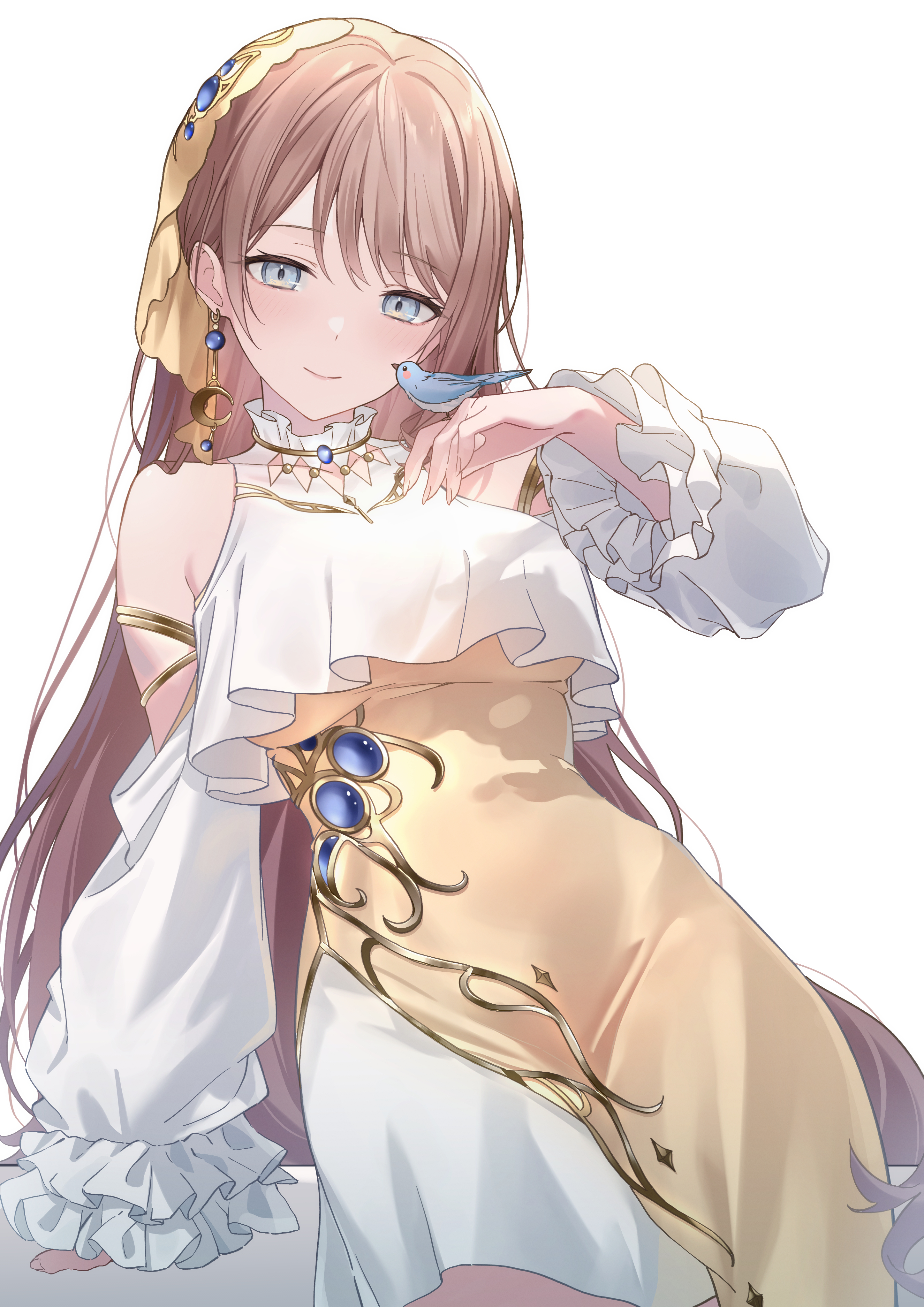 timmoo, mochizuki honami, project sekai, absurdres, highres, 1girl, bare shoulders, bird, bird on hand, blue eyes, brown hair, closed mouth, cowboy shot, detached sleeves, earrings, frilled sleeves, frills, halterneck, jewelry, leaning back, long hair, puffy sleeves, simple background, smile, solo, very long hair, white background, wide sleeves