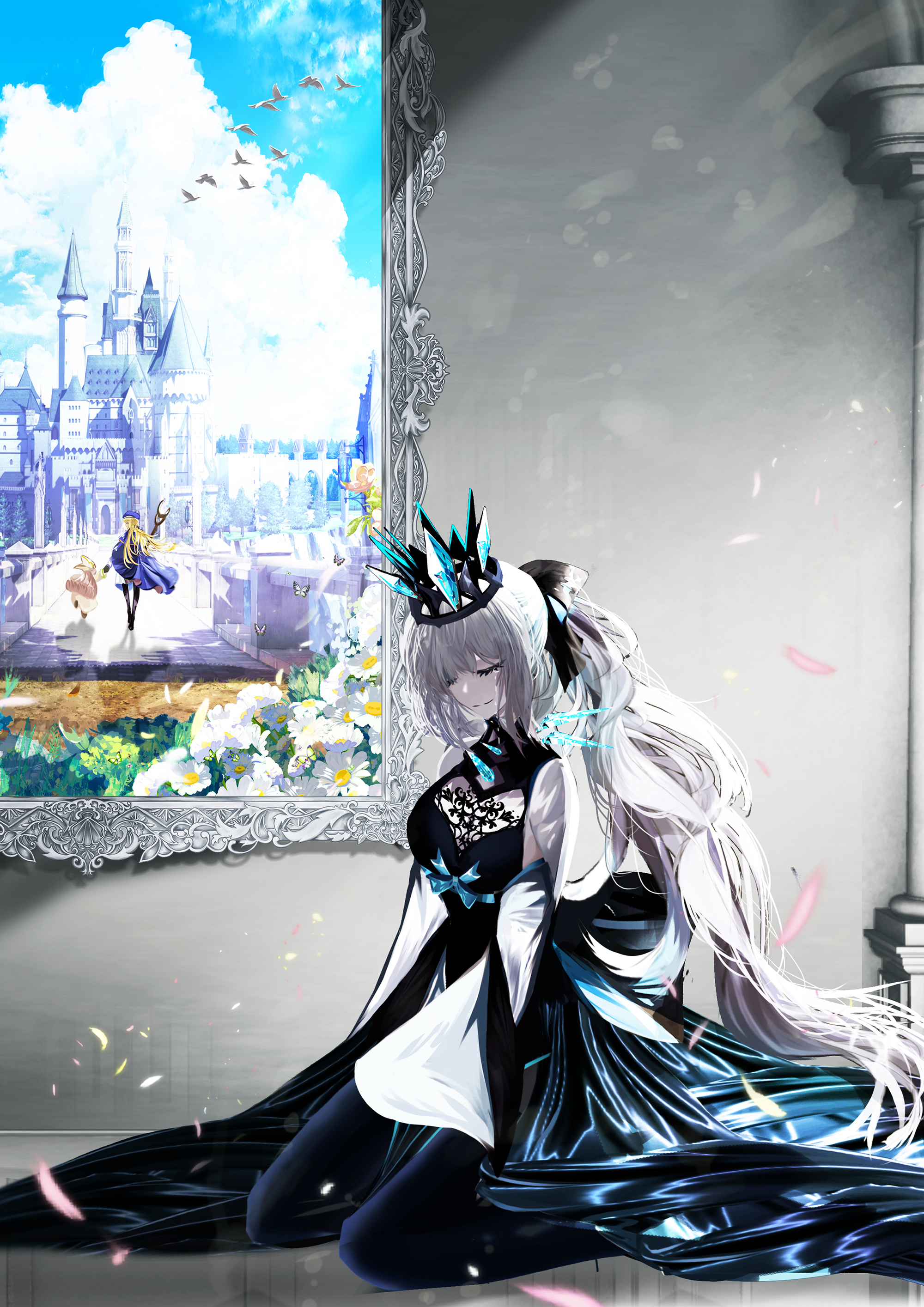 antinese, aesc (fate), habetrot (fate), morgan le fay (fate), morgan le fay (queen of winter) (fate), fate/grand order, fate (series), absurdres, highres, 3girls, bird, black bow, black dress, blonde hair, bow, braid, closed eyes, crown, dress, dual persona, hair between eyes, hair bow, half up braid, hat, holding, holding staff, long hair, mage staff, multiple girls, painting (object), pink hair, ponytail, sitting, smile, spikes, staff, two-tone dress, very long hair, white hair