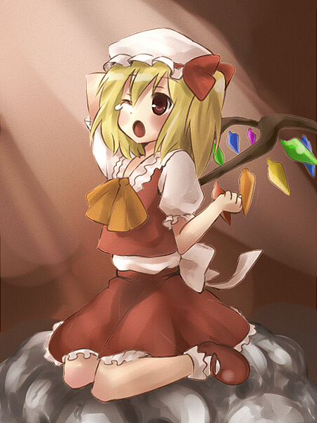 kiji (manekinuko-tei), flandre scarlet, touhou, 1girl, ;o, ascot, bobby socks, collar, dress, female focus, frills, full body, hat, light rays, mary janes, mob cap, one eye closed, open mouth, puffy short sleeves, puffy sleeves, red dress, shoes, short sleeves, sitting, socks, solo, wariza, white socks, wings
