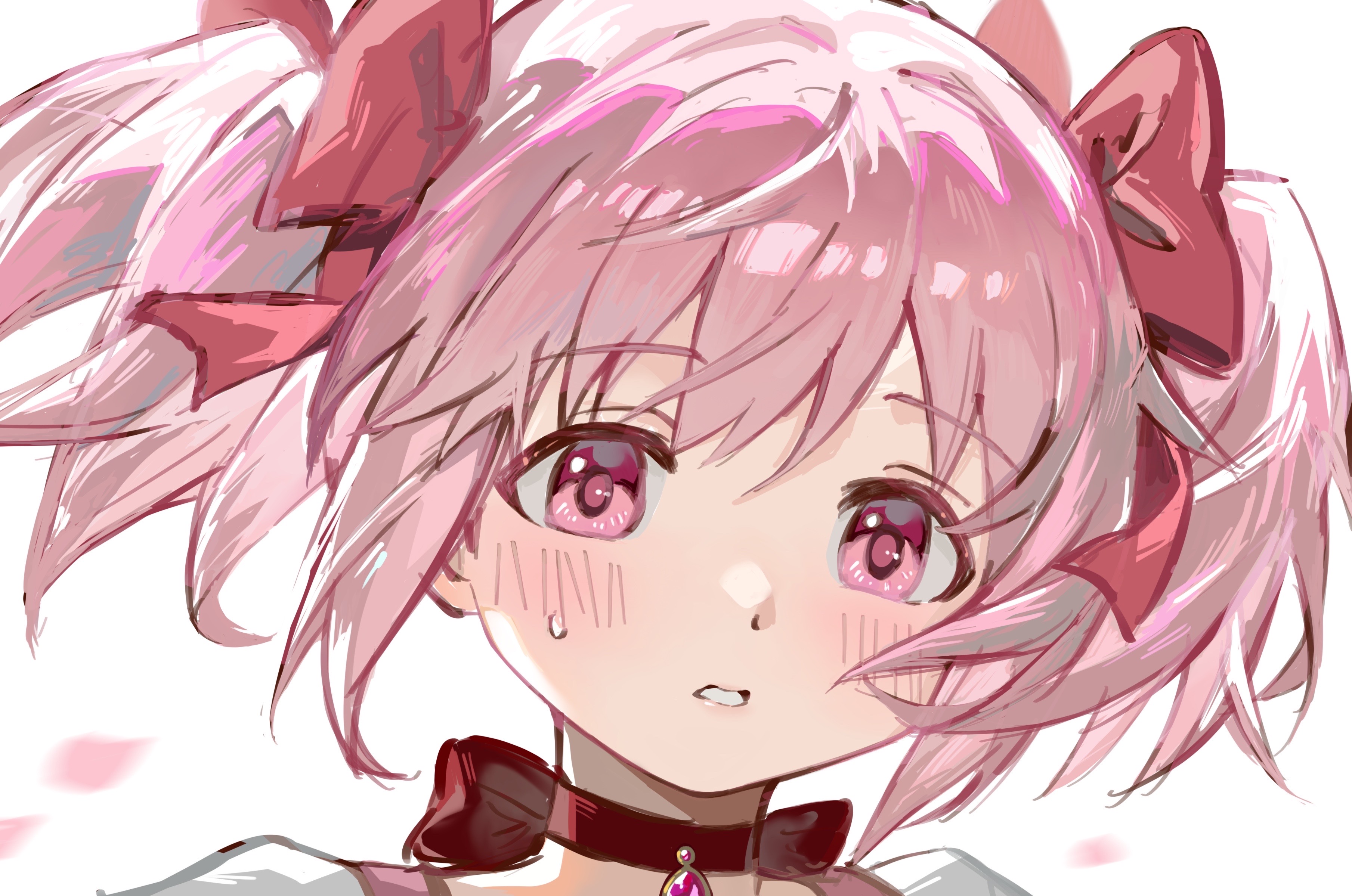 kaname madoka, mahou shoujo madoka magica, mahou shoujo madoka magica (anime), absurdres, highres, 1girl, bow, bow choker, bowtie, chest jewel, choker, dot nose, dress, floating hair, gem, hair bow, light blush, lips, looking ahead, magical girl, nervous, parted lips, petals, pink eyes, pink gemstone, pink hair, portrait, puffy short sleeves, puffy sleeves, red bow, red bowtie, red choker, short hair, short sleeves, short twintails, simple background, solo, sweatdrop, tareme, teeth, twintails, white background, white dress, wind, yuzi buchiyu