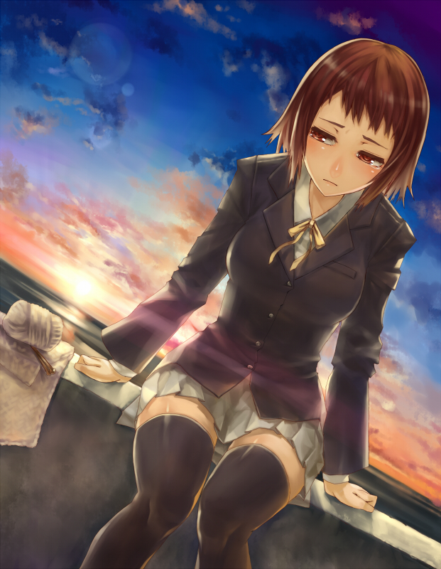 nidy, andou aiko, true tears, 00s, 1girl, blazer, brown eyes, brown hair, dutch angle, female focus, jacket, school uniform, short hair, sitting, sky, solo, thighhighs, zettai ryouiki