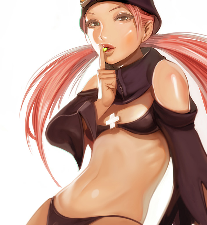 kichin yarou, cynthia lane, overman king gainer, 00s, 1girl, bikini, black bikini, breasts, detached sleeves, female focus, flat chest, pink hair, realistic, simple background, solo, swimsuit, twintails