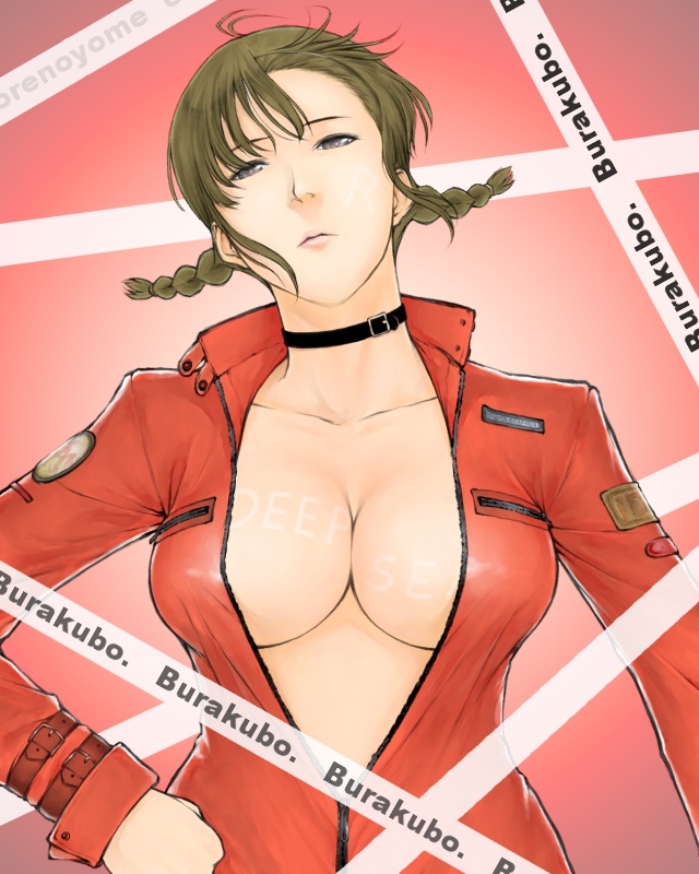 1girl, braid, breasts, choker, cleavage, female focus, jacket, large breasts, open clothes, open jacket, solo, twin braids