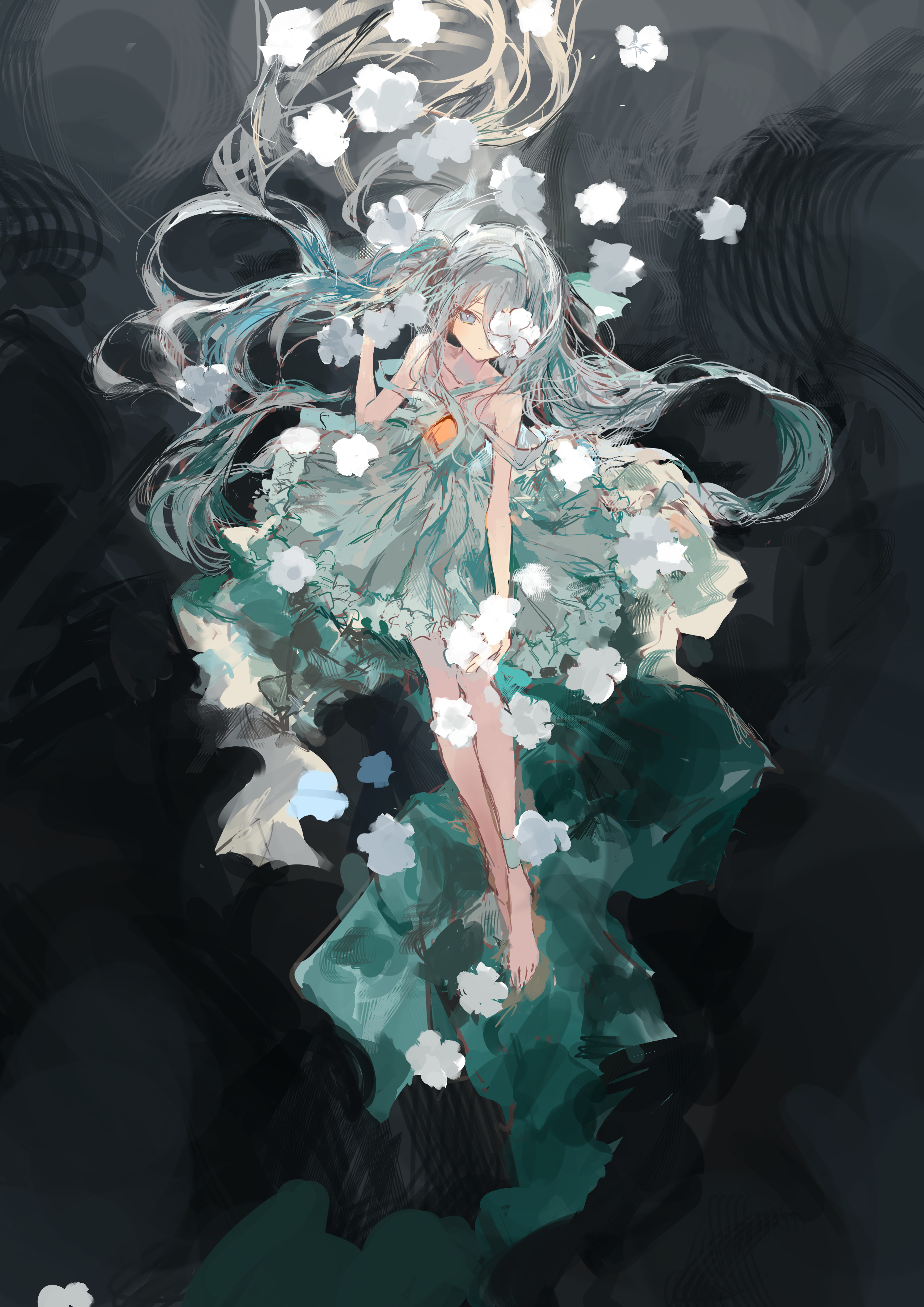ichika (ichika87), original, absurdres, commentary request, highres, 1girl, bare legs, barefoot, black background, dress, floating hair, flower, green eyes, grey dress, grey hair, hair flower, hair ornament, looking down, simple background, sleeveless, sleeveless dress, solo, white flower