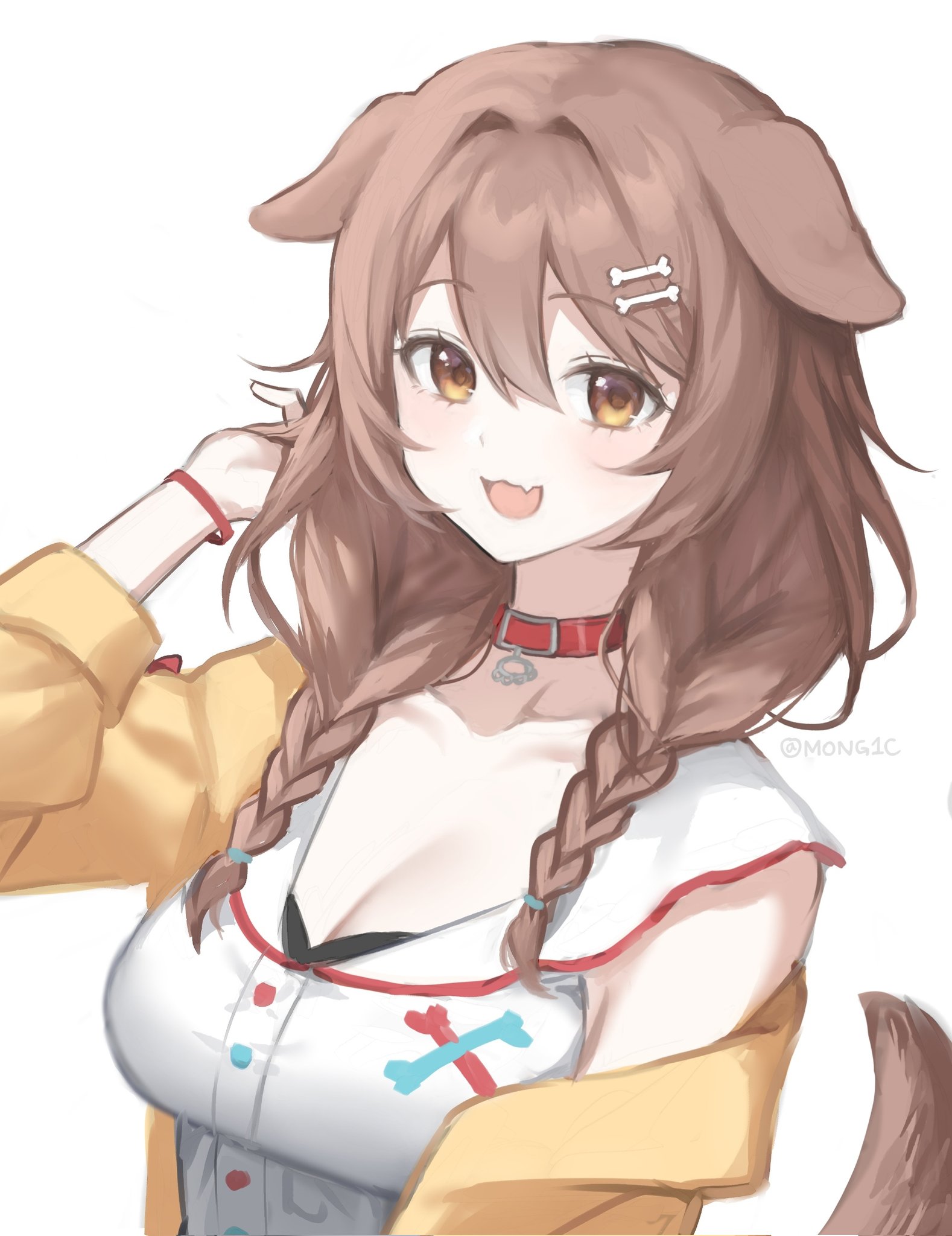 inugami korone, hololive, highres, 1girl, animal collar, animal ears, bone hair ornament, bone print, braid, breasts, brown eyes, brown hair, brown tail, cartoon bone, cleavage, collar, collarbone, dog ears, dog girl, dog tail, eyelashes, fang, hair ornament, hairband, jacket, light blush, looking at viewer, low twin braids, mong1c, open mouth, red collar, red hairband, solo, tail, twin braids, virtual youtuber, white background, yellow jacket