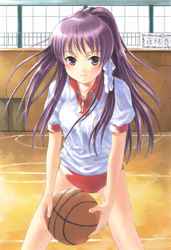 yamamoto shima, fujibayashi kyou, clannad, 00s, 1girl, ball, basketball, basketball (object), buruma, female focus, gym uniform, hair ribbon, indoors, ribbon, shibahime kyou, solo