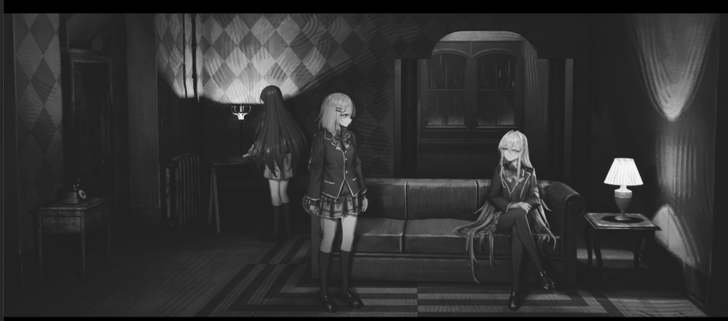 yurika-r, amaori renako, koto satsuki, ouzuka mai, watashi ga koibito ni nareru wake naijan murimuri!, commentary request, unfinished, 3girls, bow, bowtie, couch, greyscale, hair between eyes, hair ornament, hairclip, indoors, jacket, kneehighs, long hair, long sleeves, medium hair, monochrome, multiple girls, pantyhose, plaid clothes, plaid skirt, pleated skirt, sitting, skirt, socks, standing, very long hair