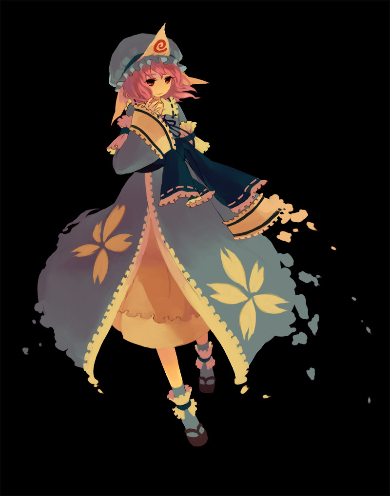 iwamoto zerogo, saigyouji yuyuko, touhou, 1girl, black background, bobby socks, dress, female focus, hat, japanese clothes, mob cap, okobo, pink eyes, pink hair, platform sandals, sandals, short hair, simple background, smile, socks, solo, triangular headpiece, wide sleeves