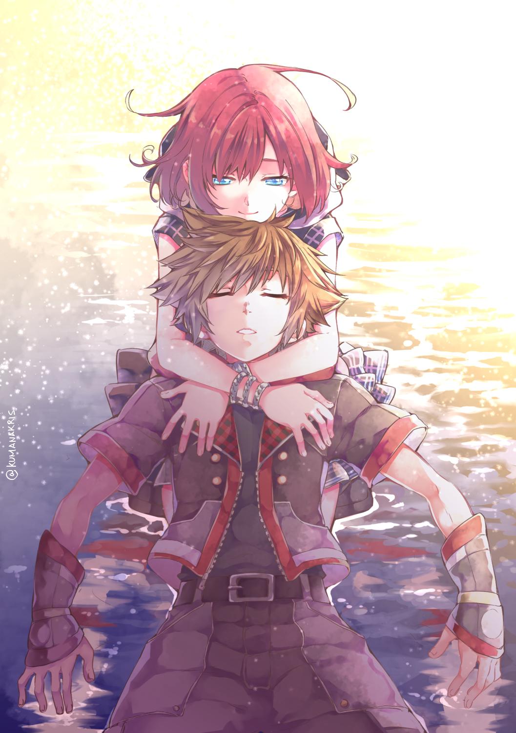 ana c. sanchez, kairi (kingdom hearts), sora (kingdom hearts), kingdom hearts, kingdom hearts iii, commentary, english commentary, highres, 1boy, 1girl, belt, belt buckle, blue eyes, bracelet, brown hair, buckle, closed eyes, closed mouth, fingernails, hetero, jewelry, pale skin, short hair, water