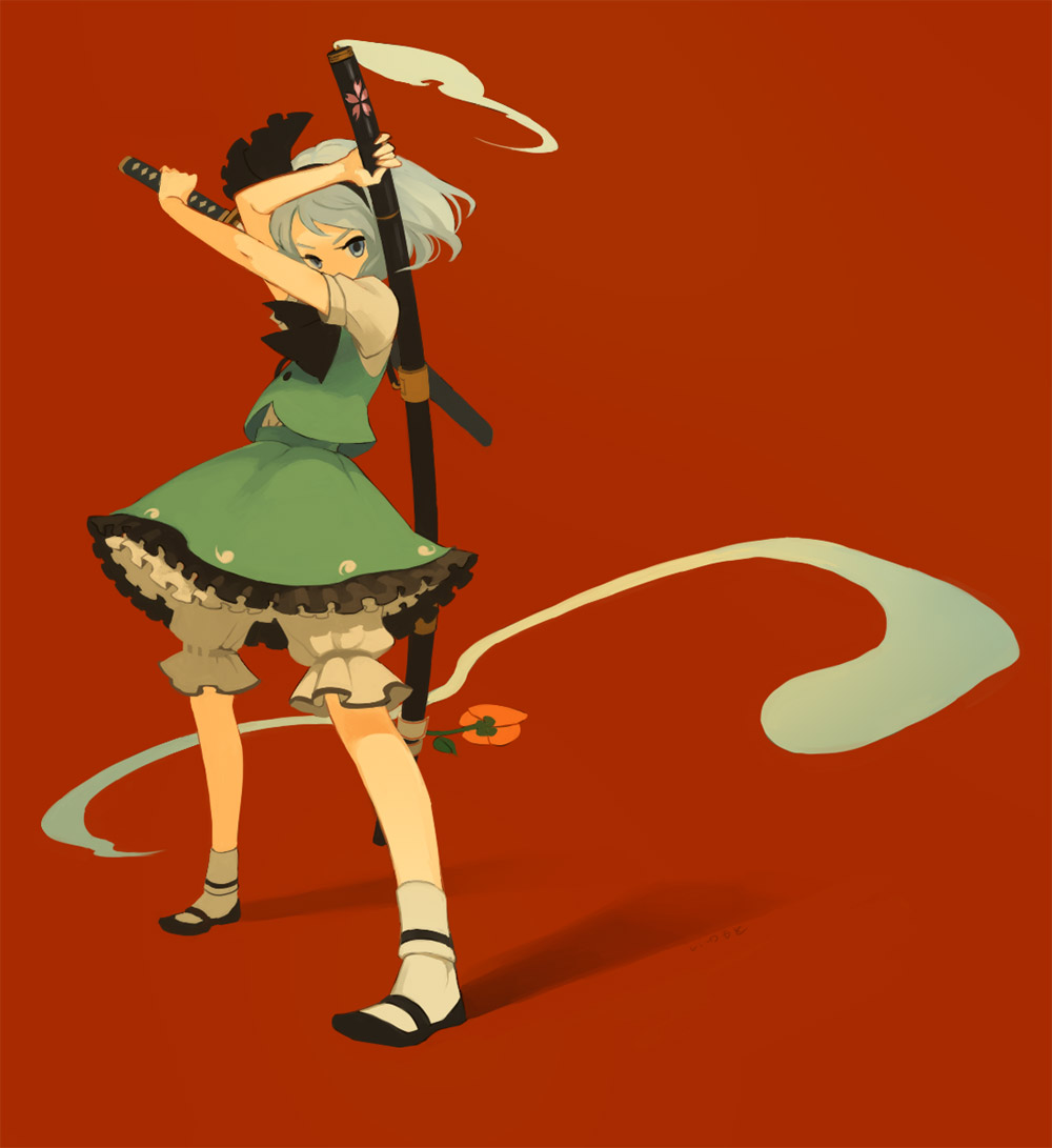 iwamoto zerogo, konpaku youmu, konpaku youmu (ghost), touhou, 1girl, bow, dress, female focus, fighting stance, flower, frills, hair bow, hairband, hitodama, katana, legs, ready to draw, sheath, sheathed, short hair, solo, standing, sword, weapon