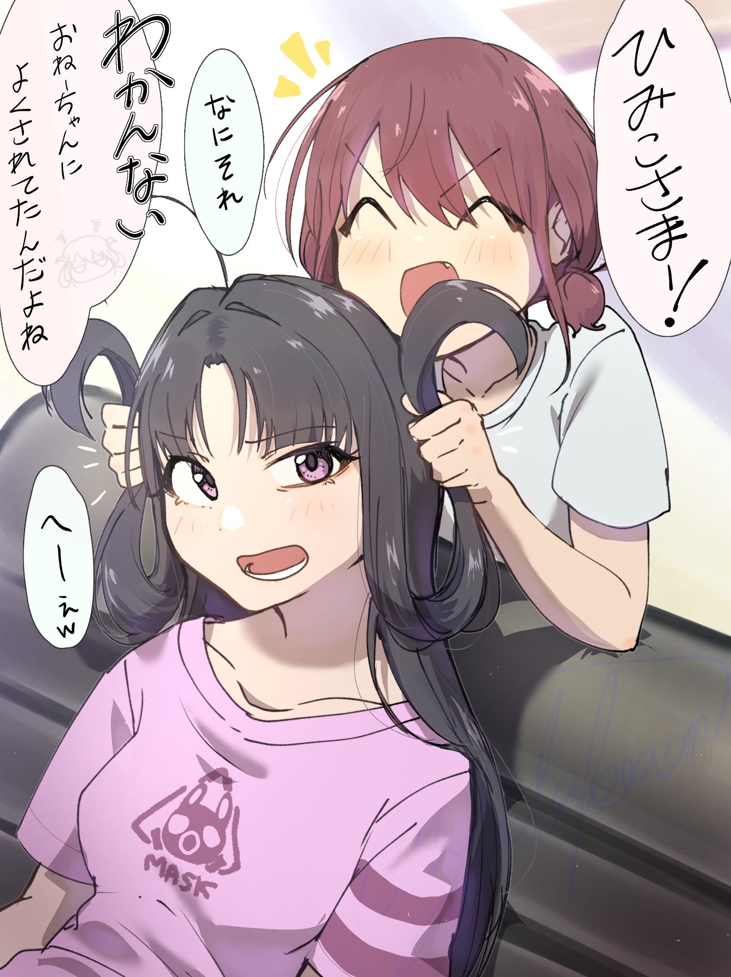 ayataka syumimi, awa subaru, iseri nina, girls band cry, commentary, highres, 2girls, ^ ^, ahoge, black hair, blue shirt, blush, brown hair, closed eyes, fang, long hair, low twintails, lower teeth only, multiple girls, open mouth, parted bangs, playing with another's hair, purple eyes, purple shirt, shirt, short hair, short sleeves, short twintails, sidelocks, teeth, twintails