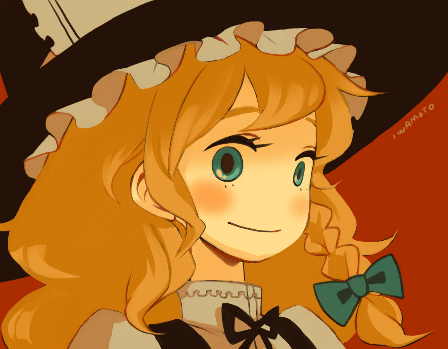 iwamoto zerogo, kirisame marisa, touhou, 1girl, blonde hair, blue eyes, bow, braid, female focus, frills, hair bow, hat, simple background, solo, witch, witch hat