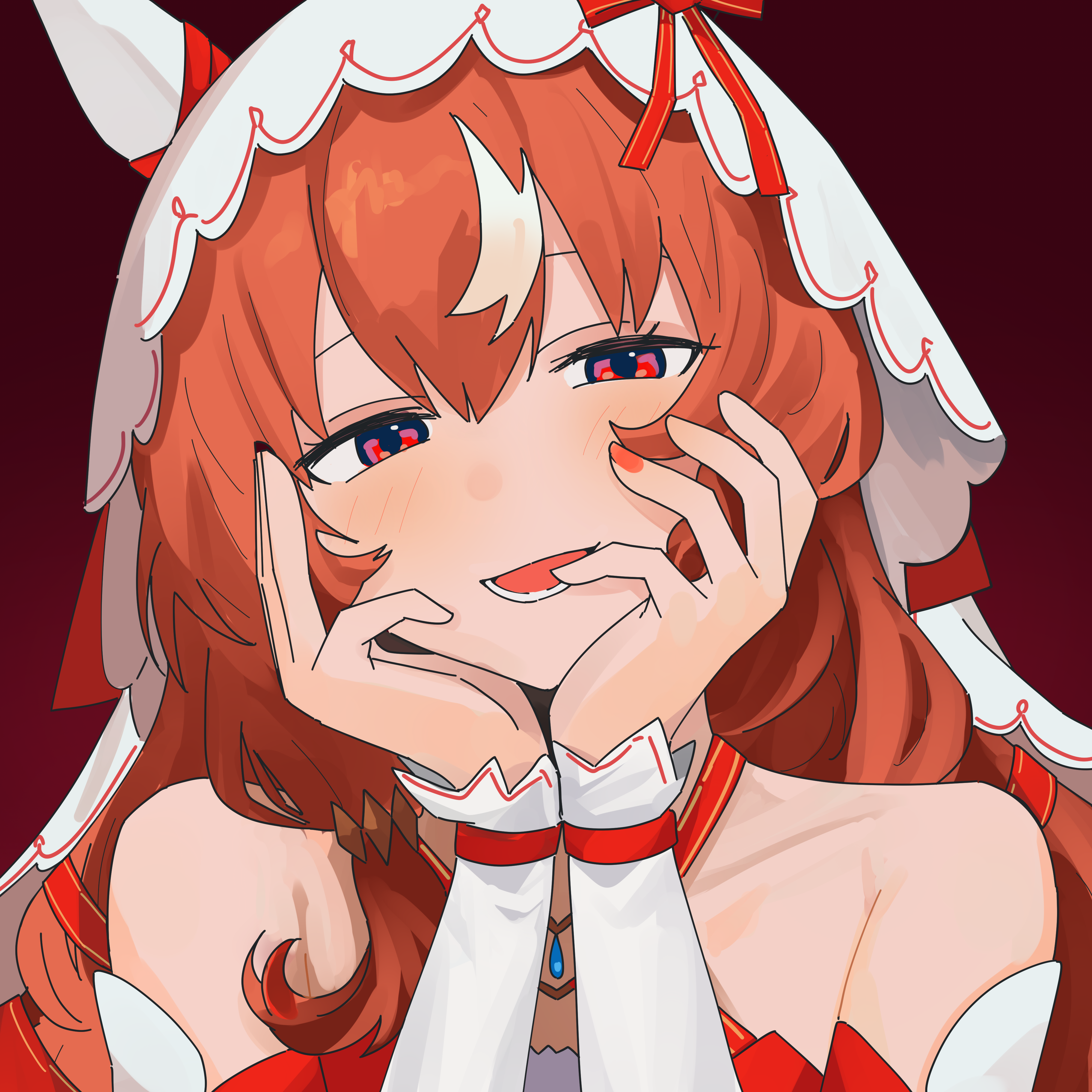myticalcat, still in love (umamusume), umamusume, absurdres, commentary, english commentary, highres, 1girl, animal ears, blush, brown hair, hands on own face, horse ears, horse girl, lower teeth only, multicolored hair, open mouth, red background, red eyes, simple background, smile, solo, streaked hair, teeth, veil, white hair, white veil