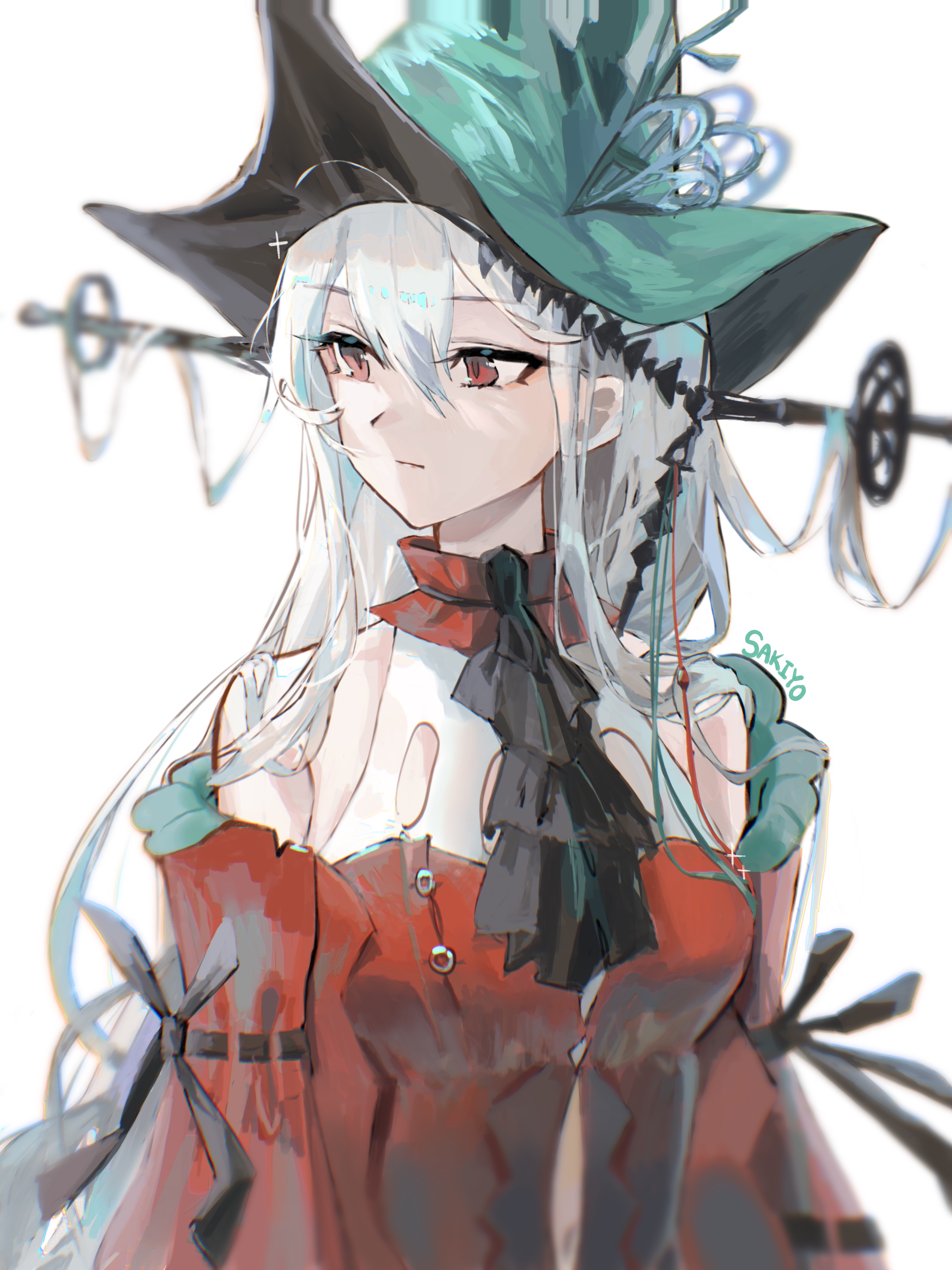 sakiyo, skadi (arknights), skadi the corrupting heart (arknights), arknights, absurdres, commentary, highres, 1girl, ascot, bare shoulders, black ascot, black hat, blurry, breasts, closed mouth, clothing cutout, green hat, grey hair, hair between eyes, hat, long hair, looking to the side, medium breasts, navel, navel cutout, red eyes, simple background, solo, two-sided fabric, two-sided headwear, upper body, white background