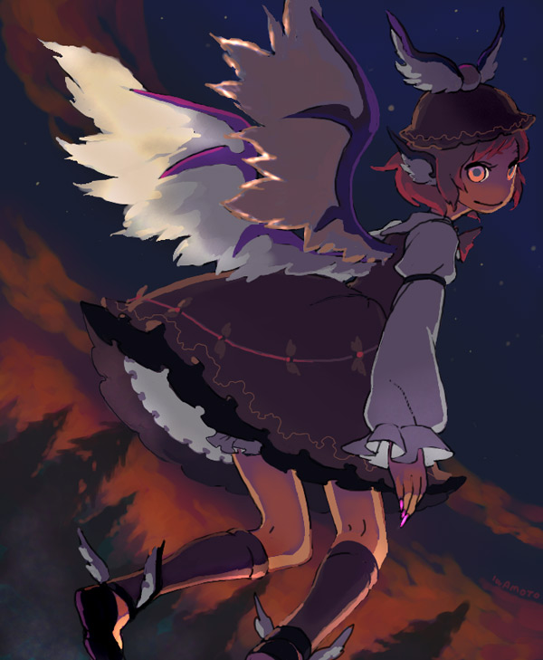 iwamoto zerogo, mystia lorelei, touhou, 1girl, cloud, dress, female focus, fingernails, frills, long fingernails, nail polish, nature, night, outdoors, pink nails, sharp fingernails, sky, solo, tree, wings
