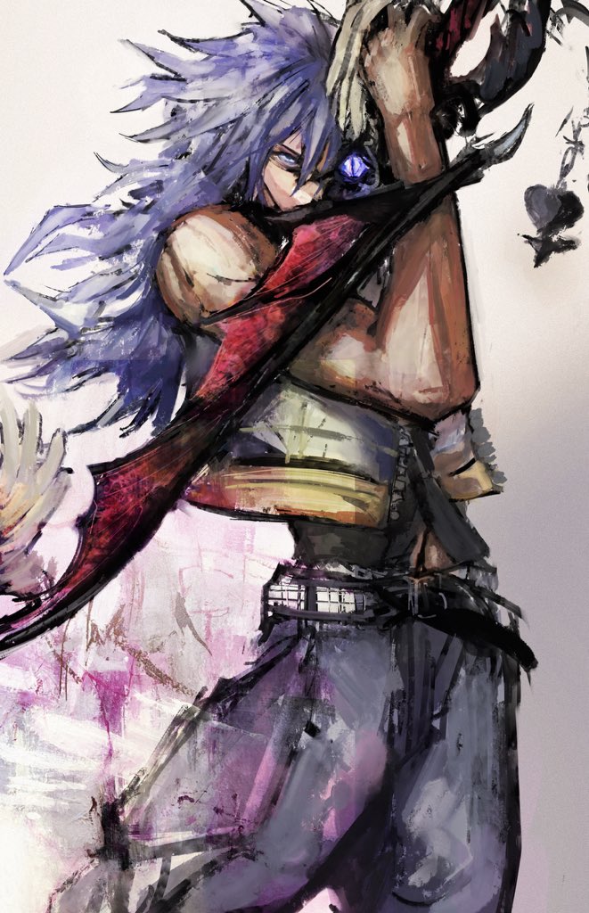 kyezzzz, riku (kingdom hearts), kingdom hearts, kingdom hearts ii, 1boy, bare shoulders, belt, black shirt, charm (object), cropped jacket, grey eyes, grey hair, holding, holding sword, holding weapon, jacket, keyblade, long hair, looking at viewer, open clothes, open jacket, shirt, sleeveless, sleeveless jacket, solo, sword, way to the dawn, weapon
