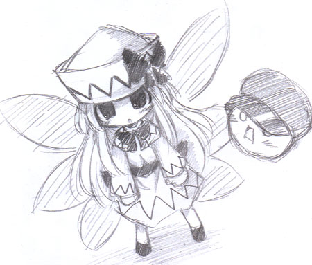 kedama (touhou), lily white, touhou, lowres, 1girl, female focus, greyscale, monochrome, solo