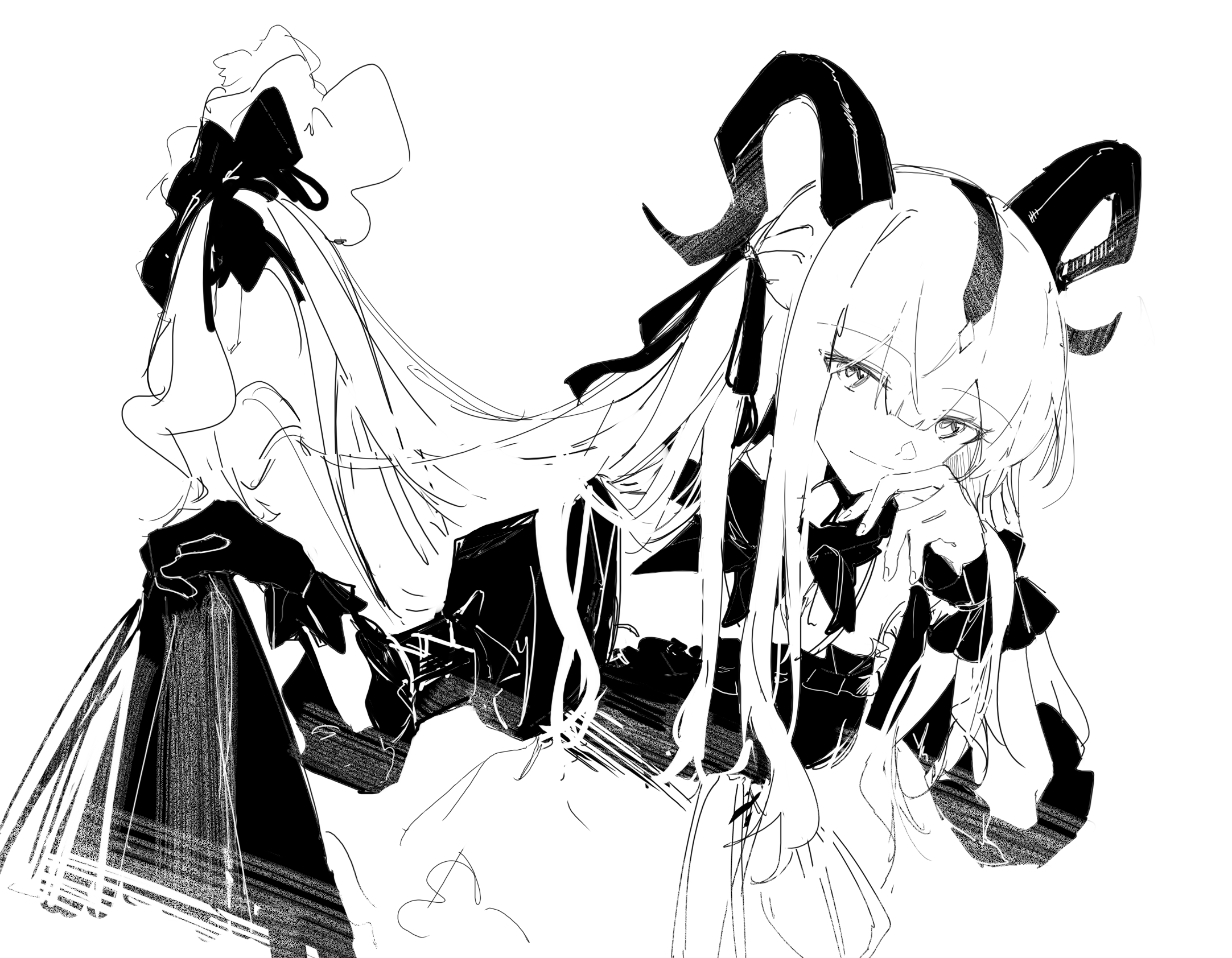 hibioes, togawa sakiko, arknights, bang dream!, bang dream! it's mygo!!!!!, highres, 1girl, gloves, greyscale, hair between eyes, horns, juliet sleeves, long hair, long sleeves, monochrome, puffy sleeves, sidelocks, simple background, solo, togawa sakiko (master of melodia), white background, wrist cuffs