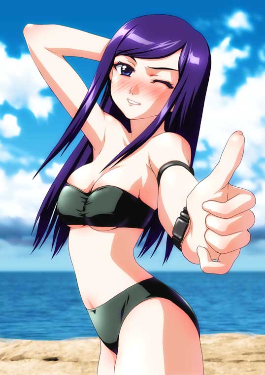 azumi amane, soshina nohito, kuga natsuki, my-hime, 00s, 1girl, armband, bandeau, bandeau bikini, bikini, blue eyes, blush, breasts, cleavage, day, female focus, large breasts, long hair, one eye closed, purple hair, solo, swimsuit, thumbs up, underboob, water, wink