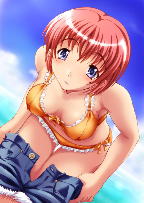 shiruko (inosin), hinomoto hikari, tokimeki memorial, tokimeki memorial 2, 1girl, bikini, blue eyes, breasts, cleavage, day, denim, denim shorts, female focus, large breasts, mole, mole under eye, orange bikini, red hair, short hair, shorts, solo, swimsuit, undressing, water