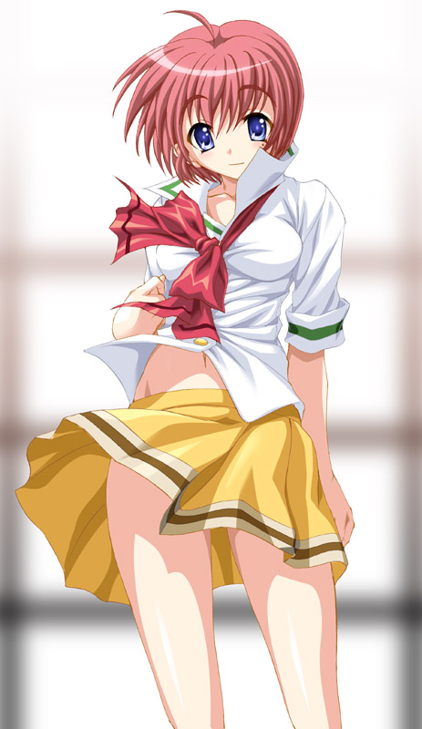 shiruko (inosin), hinomoto hikari, tokimeki memorial, tokimeki memorial 2, 1girl, ahoge, blue eyes, bow, female focus, midriff, mole, mole under eye, pink hair, school uniform, serafuku, short hair, skirt, solo, wind, wind lift