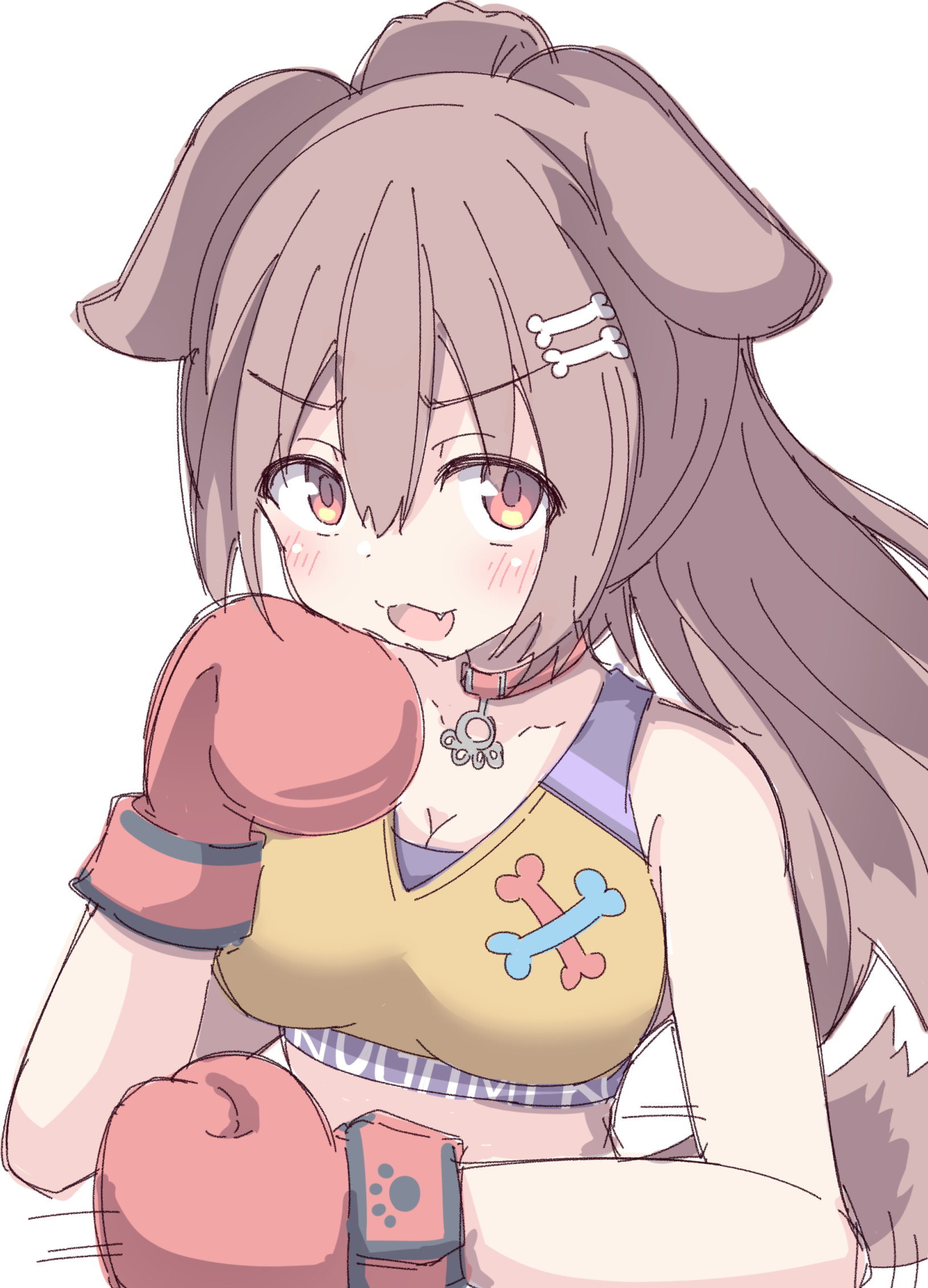 umberblack, inugami korone, hololive, commentary request, highres, 1girl, :d, animal ears, bare shoulders, blush, bone hair ornament, boxing gloves, breasts, brown hair, cartoon bone, cleavage, dog ears, dog girl, dog tail, fang, hair between eyes, hair ornament, long hair, looking at viewer, medium breasts, open mouth, ponytail, red eyes, simple background, smile, solo, tail, upper body, very long hair, virtual youtuber, white background