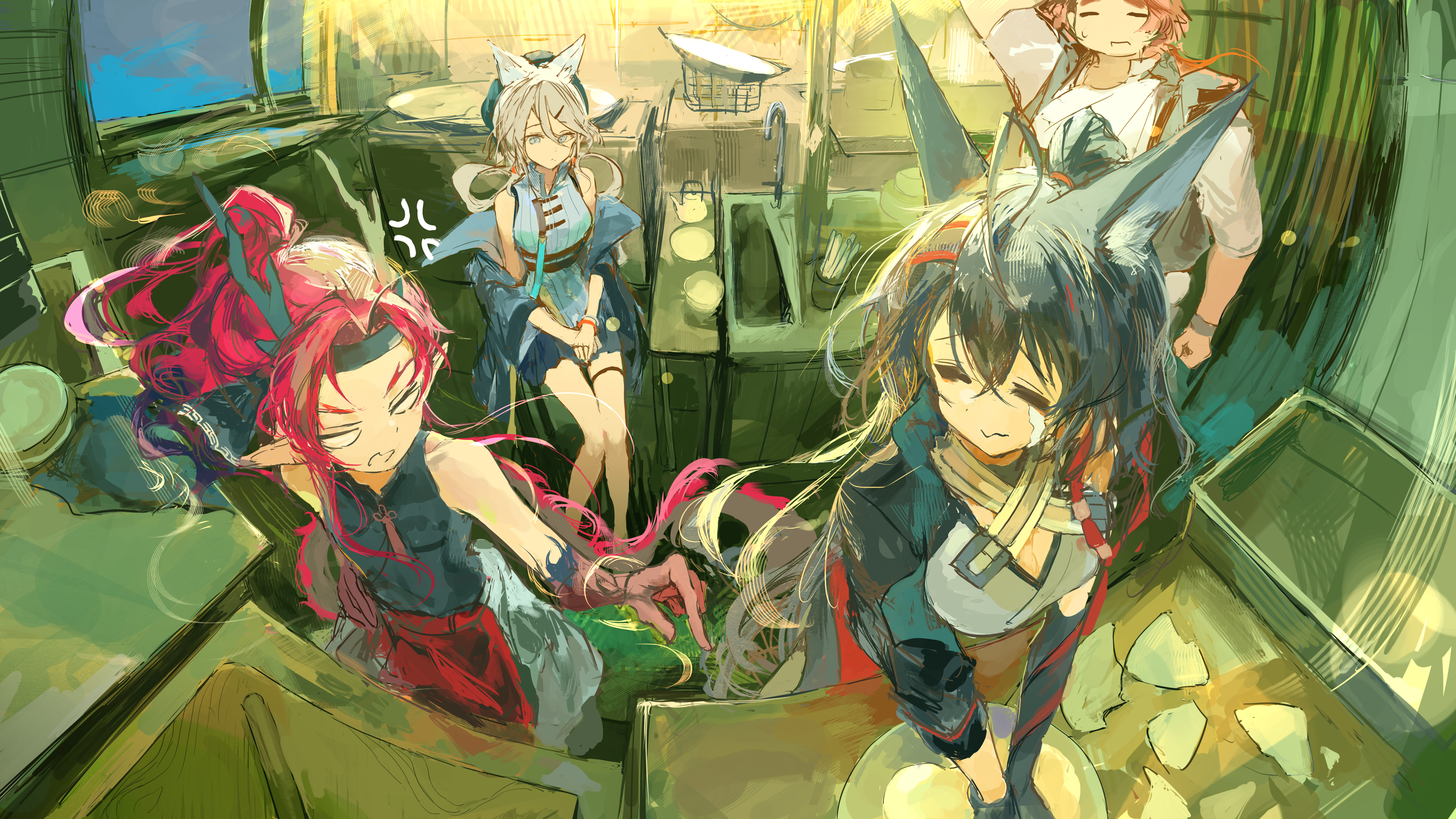 ichika (ichika87), blaze (arknights), blaze the igniting spark (arknights), xingzhu (arknights), yu (arknights), arknights, absurdres, character request, commentary, highres, 2boys, 2girls, = =, anger vein, angry, animal ears, apron, arm behind back, black hair, black shirt, blue dress, blue jacket, breasts, broken, broken plate, cat ears, closed eyes, colored extremities, colored skin, dishwashing, dragon boy, dragon horns, dragon tail, dress, fisheye, grey hair, grey shirt, headband, horns, indoors, jacket, large breasts, long hair, looking at another, multiple boys, multiple girls, plate, pointing, red hair, red skin, shirt, sink, sleeveless, sleeveless shirt, t t, tail, waist apron, white apron, window