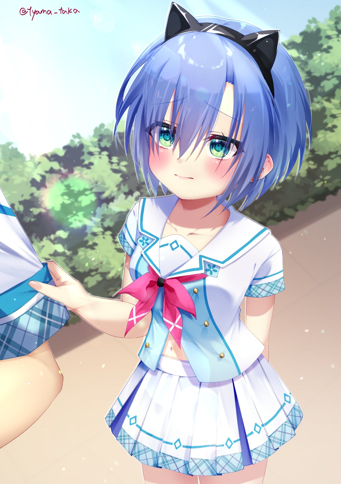 tyama taka, kakenuke seishun sparking!, commentary request, commission, highres, skeb commission, 1girl, 1other, animal ear hairband, animal ears, arm behind back, black hairband, blue hair, blue shirt, blush, cat ears, closed mouth, clothes grab, day, ear blush, eyelashes, eyes visible through hair, fake animal ears, furrowed brow, green eyes, hair between eyes, hairband, hand up, hiiragi shiori, lips, long bangs, looking at another, miniskirt, navel, neckerchief, outdoors, pink neckerchief, pleated skirt, road, sailor collar, school uniform, serafuku, shirt, short hair, short sleeves, shy, skirt, sleeve grab, solo focus, twitter username, two-tone shirt, upturned eyes, white sailor collar, white serafuku, white shirt, white skirt