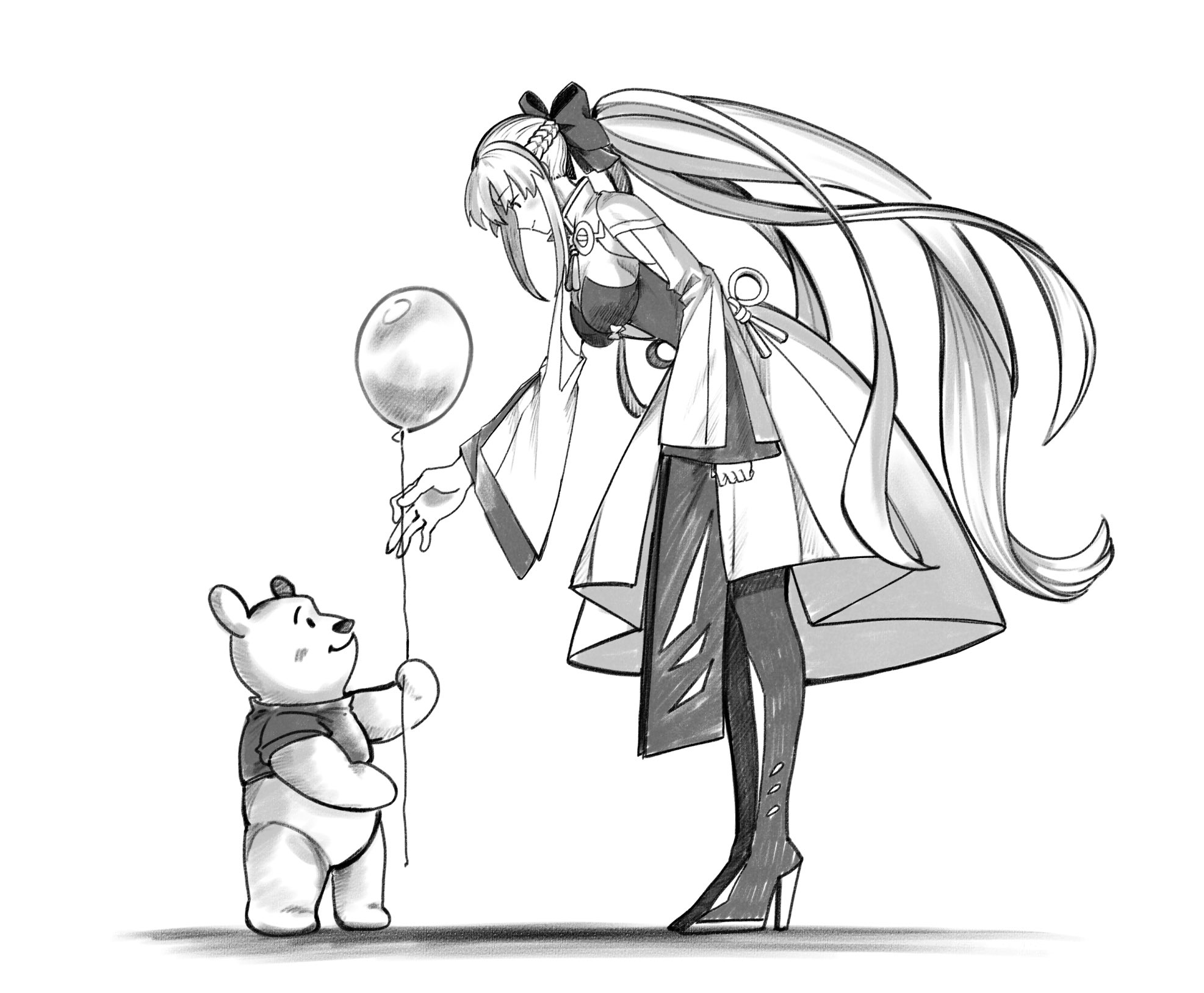 euhage73, morgan le fay (fate), morgan le fay (first ascension) (fate), fate/grand order, fate (series), winnie the pooh, highres, 1boy, 1girl, balloon, black bow, bow, braid, full body, hair between eyes, hair bow, half up braid, long hair, long sleeves, ponytail, simple background, smile, standing, very long hair, white background