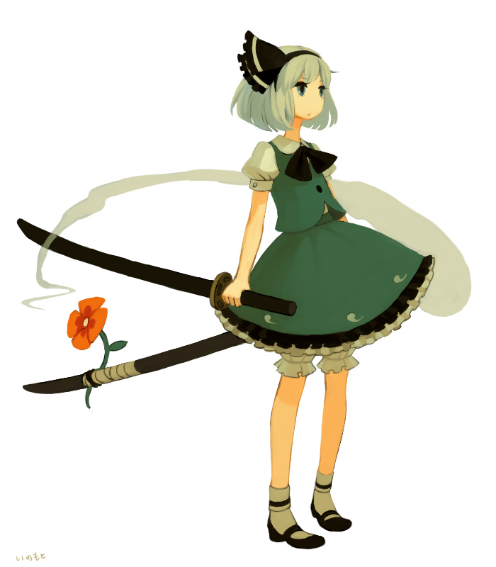 iwamoto zerogo, konpaku youmu, konpaku youmu (ghost), touhou, 1girl, bow, dress, female focus, flower, frills, hair bow, hitodama, katana, legs, short hair, solo, standing, sword, weapon