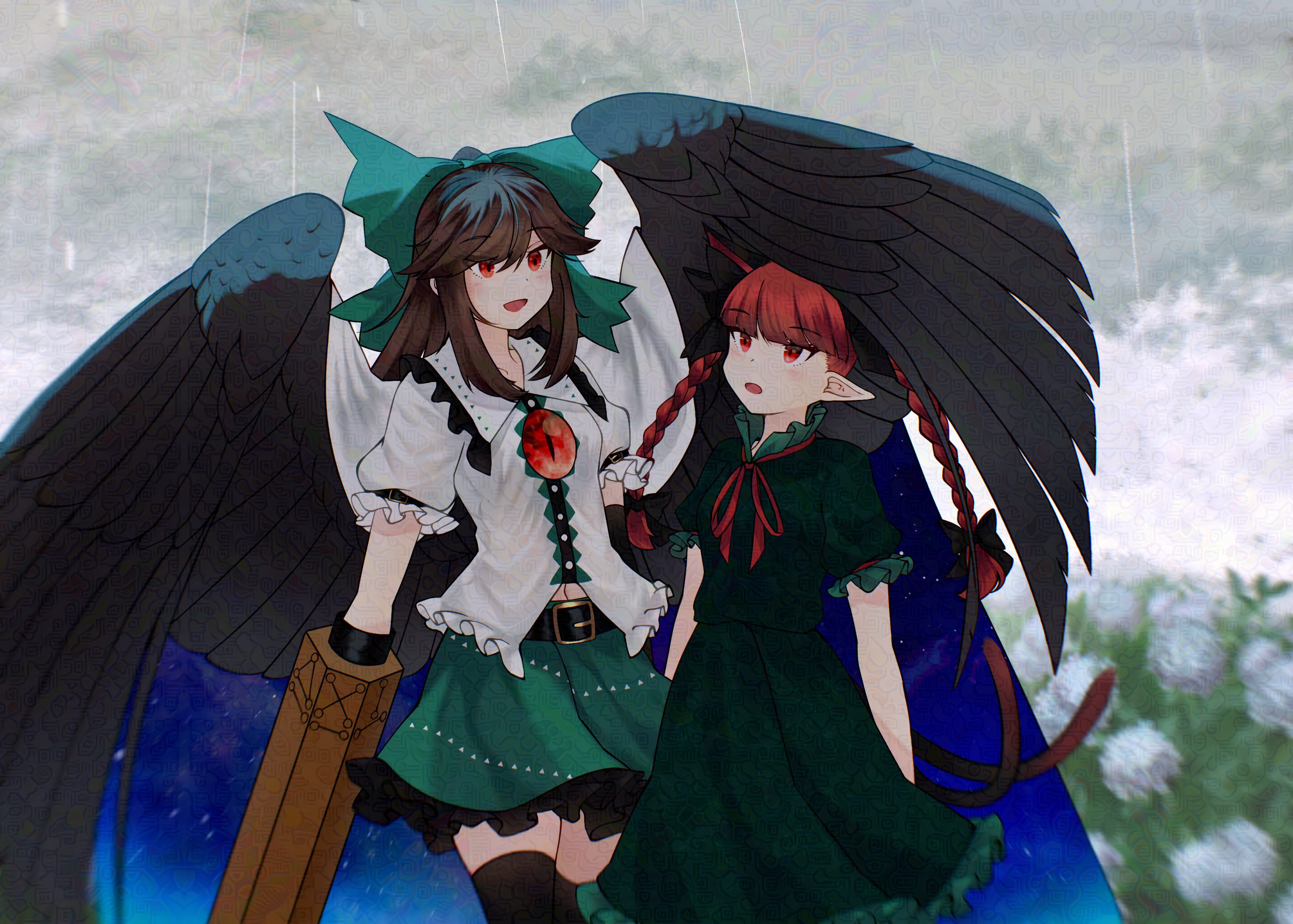 cosmos 0131, kaenbyou rin, reiuji utsuho, touhou, absurdres, commentary request, highres, 2girls, arm cannon, bird wings, black hair, black thighhighs, black wings, blunt bangs, bow, cape, cat tail, extra ears, flower, green bow, green shirt, green skirt, hair bow, hydrangea, long hair, looking at another, multiple girls, multiple tails, navel, open mouth, outdoors, pointy ears, rain, red eyes, red hair, shirt, short sleeves, sidelocks, skirt, starry sky print, tail, thighhighs, third eye, two tails, weapon, white cape, white shirt, wings