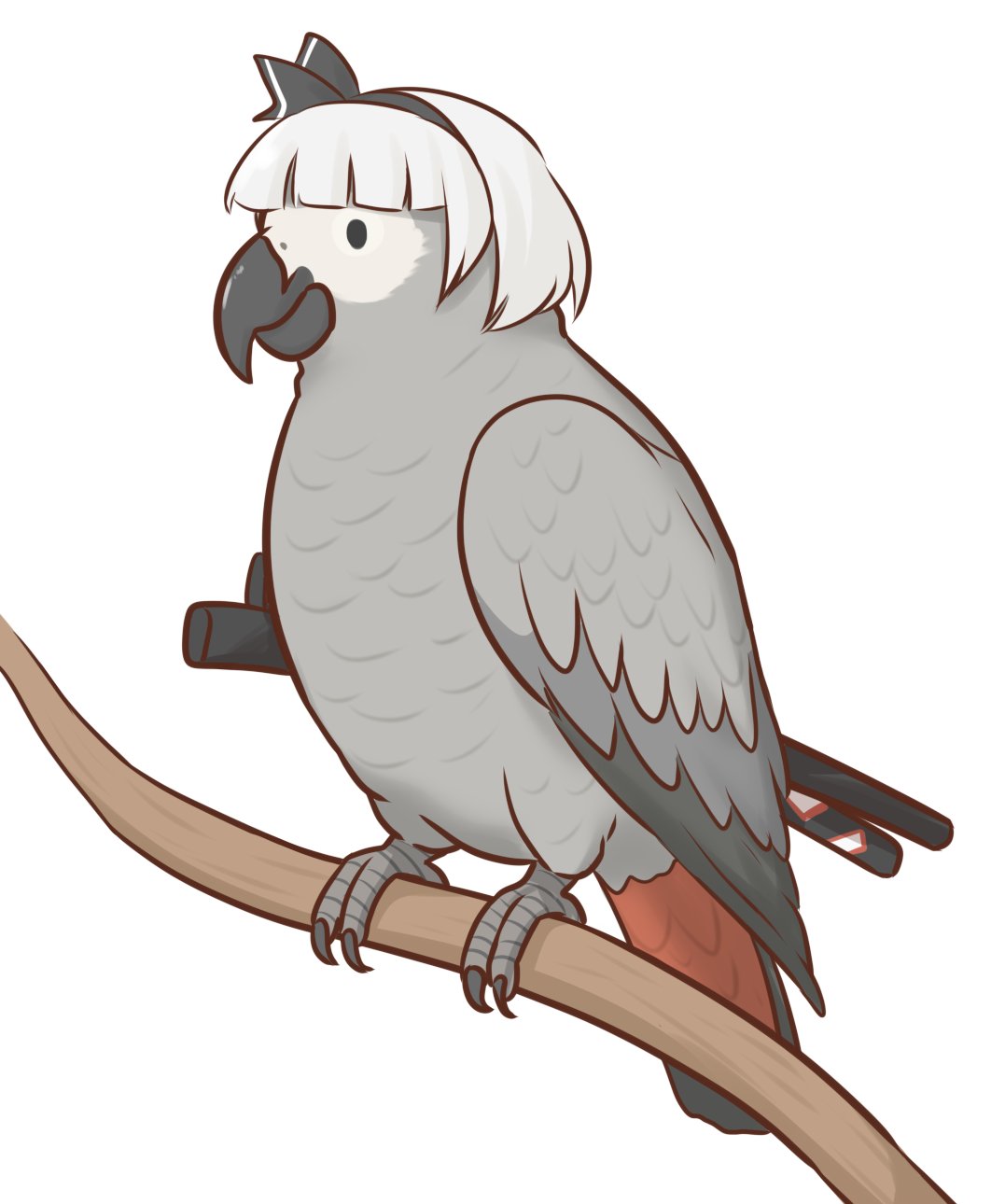 mizusoba, konpaku youmu, touhou, commentary request, commission, highres, skeb commission, animalization, bird, black hairband, full body, grey hair, hairband, multiple swords, on branch, parrot, short hair, simple background, solo, white background
