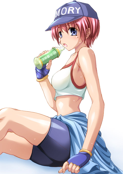 shiruko (inosin), hinomoto hikari, tokimeki memorial, tokimeki memorial 2, 1girl, armpits, bike shorts, blue eyes, female focus, gloves, hat, mole, mole under eye, open mouth, red hair, short hair, solo, sweat, tank top