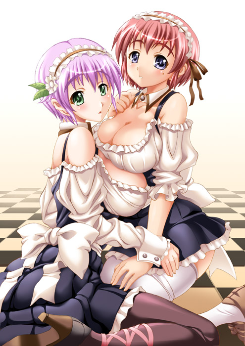 shiruko (inosin), hinomoto hikari, yae kaori, tokimeki memorial, tokimeki memorial 2, brown legwear, white legwear, 2girls, blue eyes, blush, bow, breasts, checkered floor, choker, cleavage, detached collar, frills, green eyes, hair ribbon, hairband, huge breasts, lolita hairband, looking at viewer, maid, mole, mole under eye, multiple girls, pink hair, red hair, ribbon, short hair, sitting, thighhighs, yuri