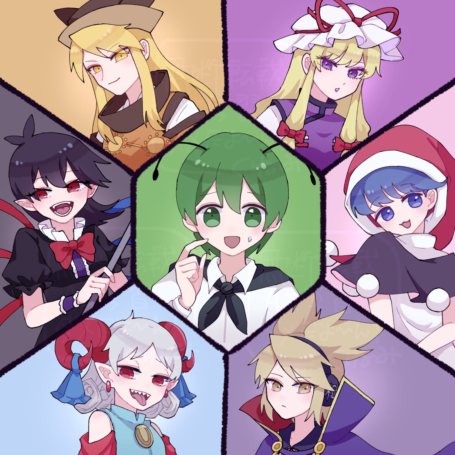 tohokune, doremy sweet, houjuu nue, matara okina, toutetsu yuuma, toyosatomimi no miko, wriggle nightbug, yakumo yukari, touhou, hashtag-only commentary, highres, 6+girls, :3, :d, antenna hair, antennae, asymmetrical wings, black cape, black hair, blonde hair, bow, bowtie, brown eyes, brown hair, brown hat, cape, closed mouth, earmuffs, green eyes, green hair, grey hair, hat, horn ornament, horn ribbon, horns, long hair, medium hair, mob cap, multiple girls, nightcap, open mouth, pointy hair, purple cape, purple eyes, red bow, red bowtie, red eyes, red hat, red horns, ribbon, sharp teeth, sheep horns, short hair, sidelocks, smile, sweatdrop, tabard, teeth, upper body, white hat, wings, yellow eyes