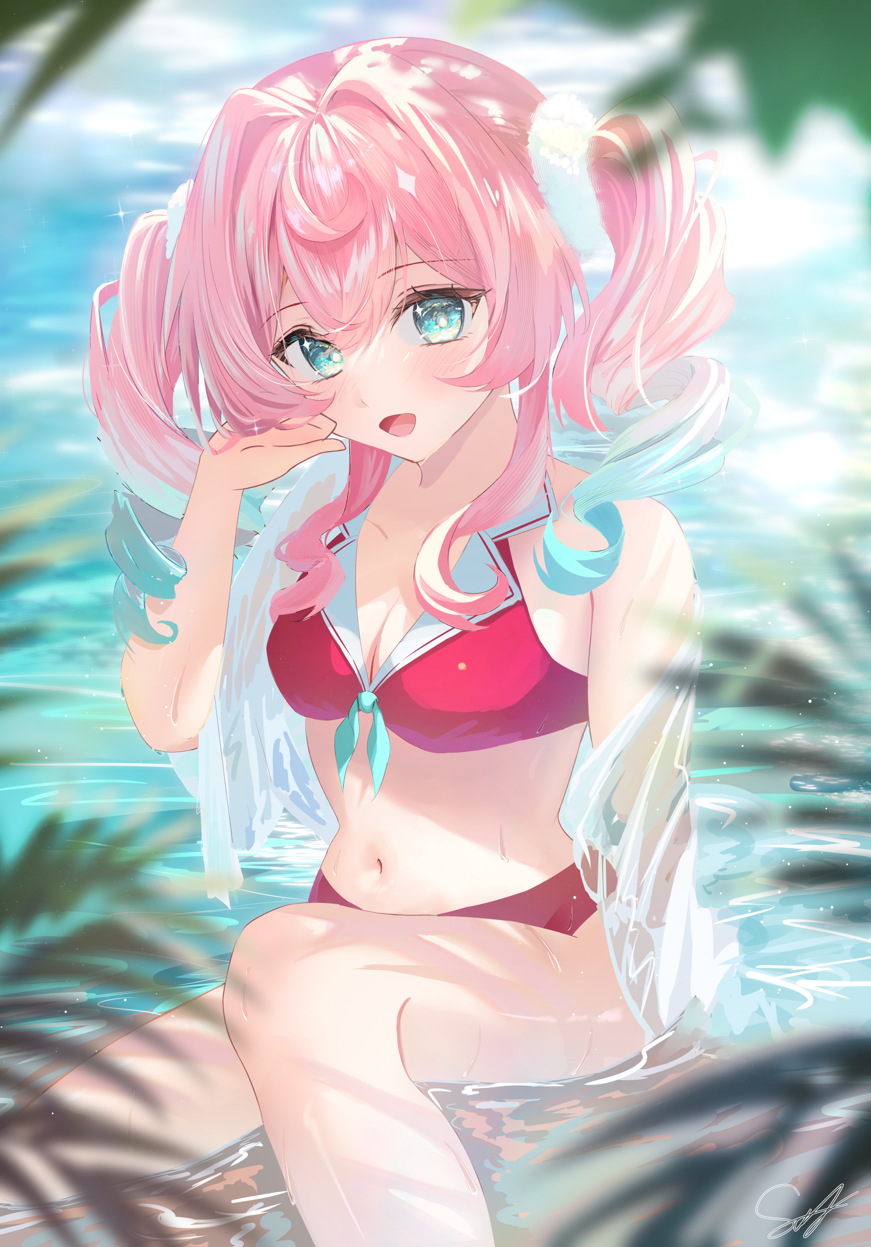 neonewcatnyan, hyacine (honkai: star rail), honkai: star rail, honkai (series), absurdres, highres, 1girl, alternate costume, aqua eyes, aqua hair, bikini, blush, breasts, cleavage, collarbone, drill hair, gradient hair, hair between eyes, hair ornament, looking at viewer, medium breasts, multicolored hair, navel, open mouth, pink hair, red bikini, see-through clothes, smile, solo, stomach, swimsuit, twin drills, water, wet