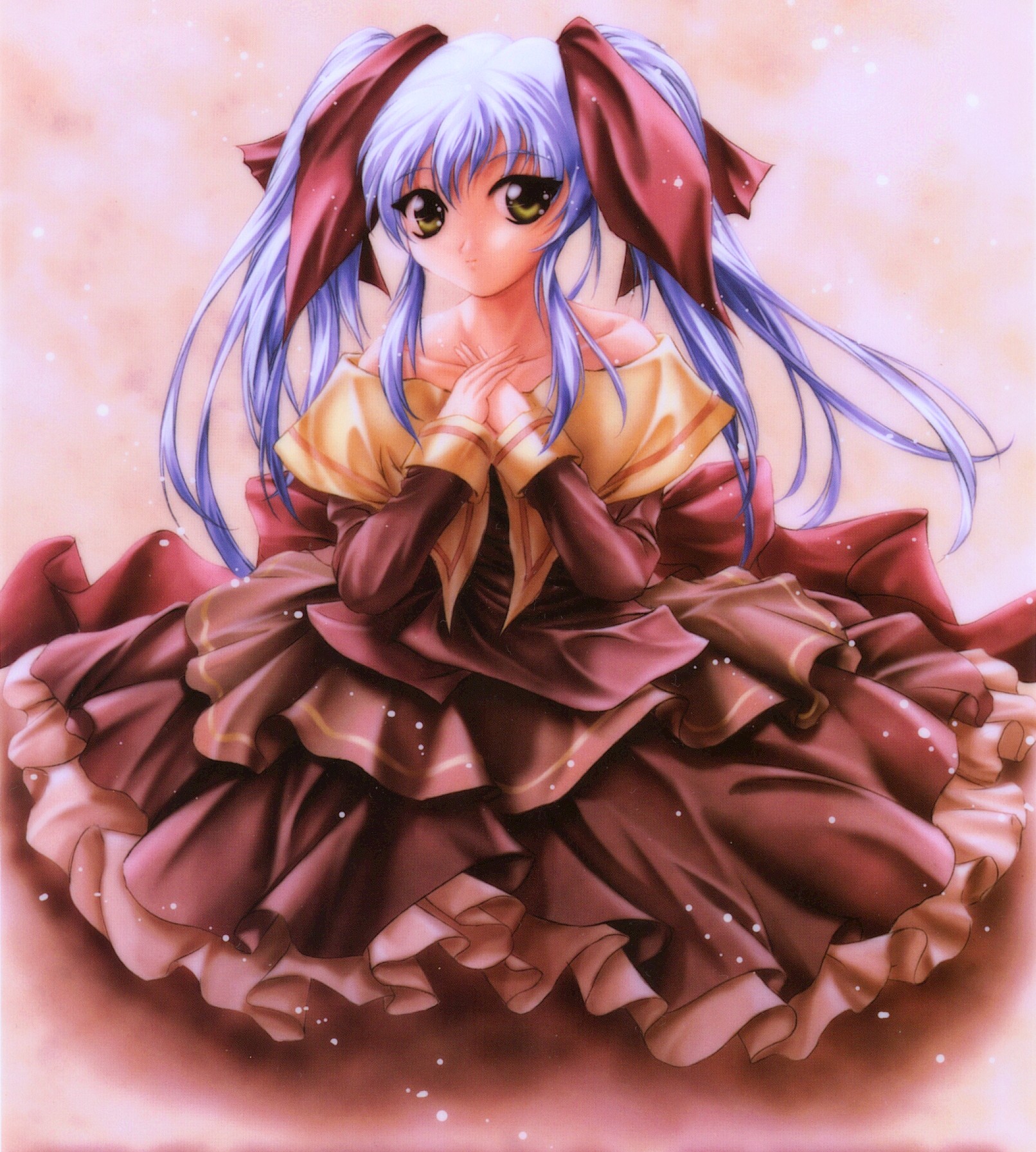hoshino ruri, kidou senkan nadesico, highres, bare shoulders, dress, hair ribbon, ribbon, solo, twintails