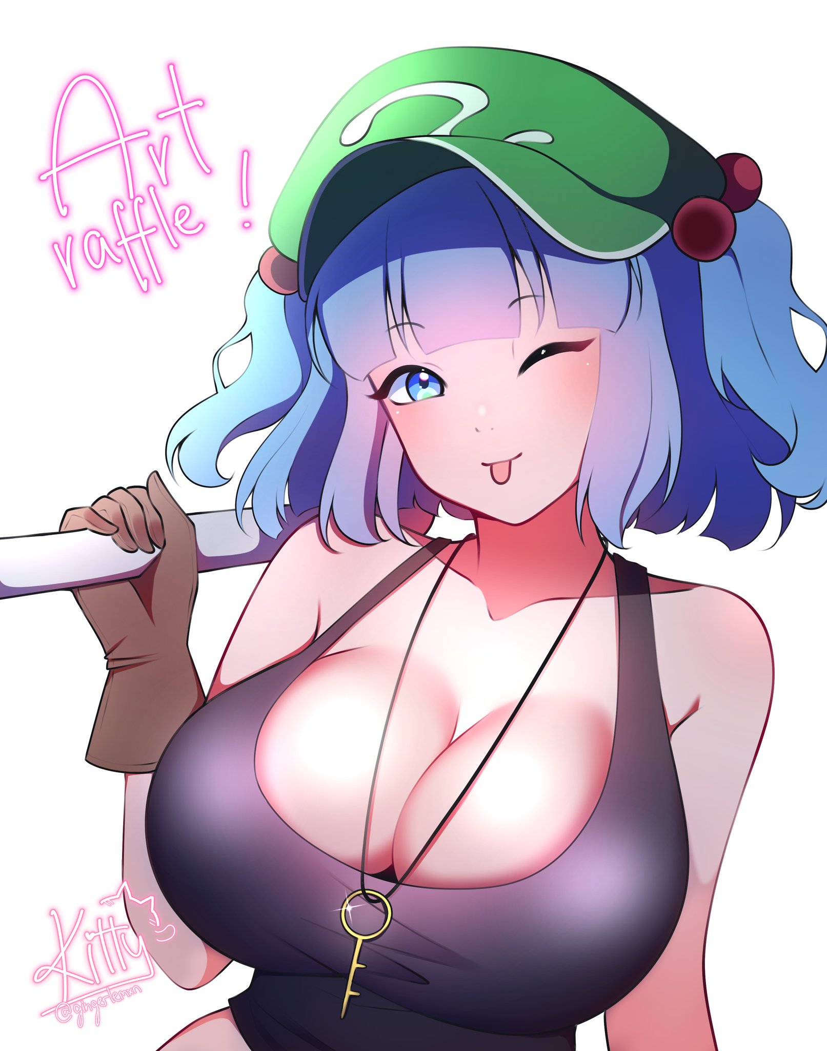 kawashiro nitori, touhou, commentary, english commentary, highres, 1girl, ;p, black tank top, blue eyes, blue hair, breasts, cleavage, collarbone, flat cap, green hat, hair bobbles, hair ornament, hat, kitty (gingerlemxn), large breasts, looking at viewer, one eye closed, short hair, signature, simple background, solo, tank top, tongue, tongue out, two side up, upper body, white background