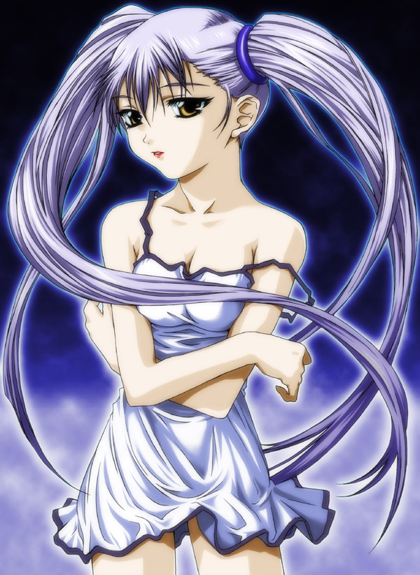 hoshino ruri, kidou senkan nadesico, kidou senkan nadesico – prince of darkness, 1990s (style), bare shoulders, dress, lipstick, long hair, makeup, retro artstyle, solo, twintails, undressing